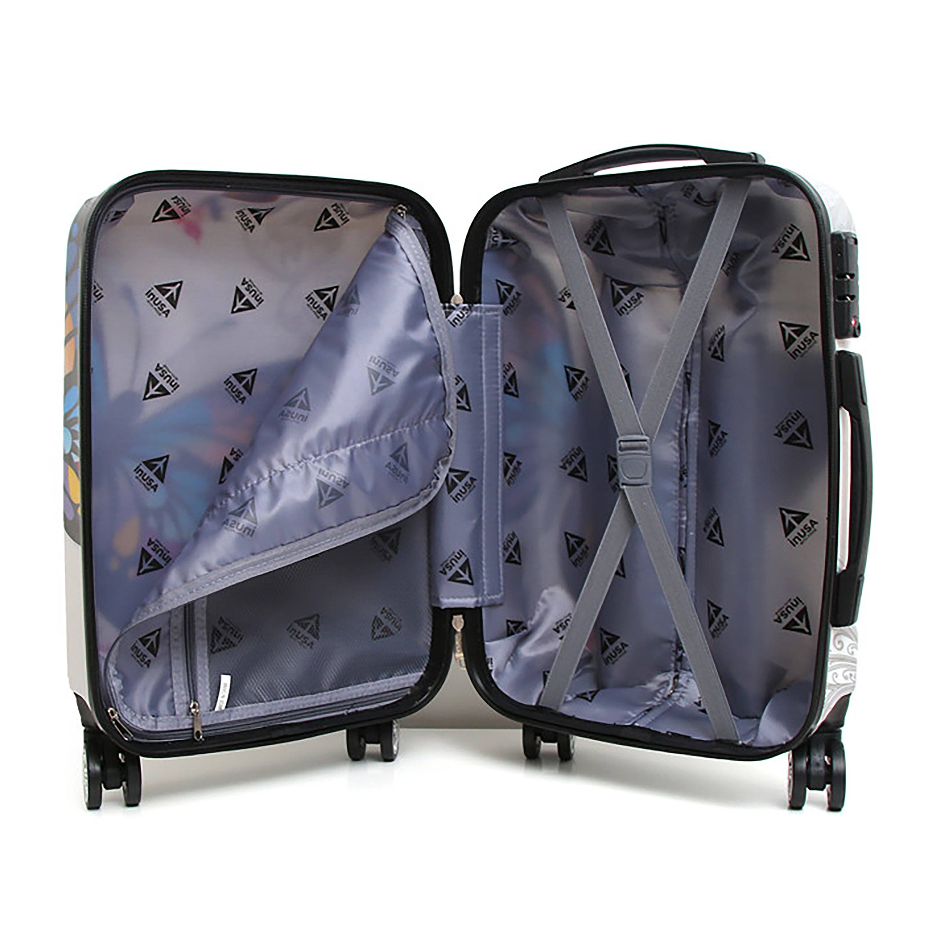 The text on the image appears to be a mix of repeated brand names and possibly some design elements. Here is the corrected and grouped text:

- INUSA
- AzUni
- Abark
- VEAT
- MUSA
- AUDSA
- AISISA
- PUSA

The text seems to be part of a pattern on the suitcase, with "INUSA" being the most prominent.