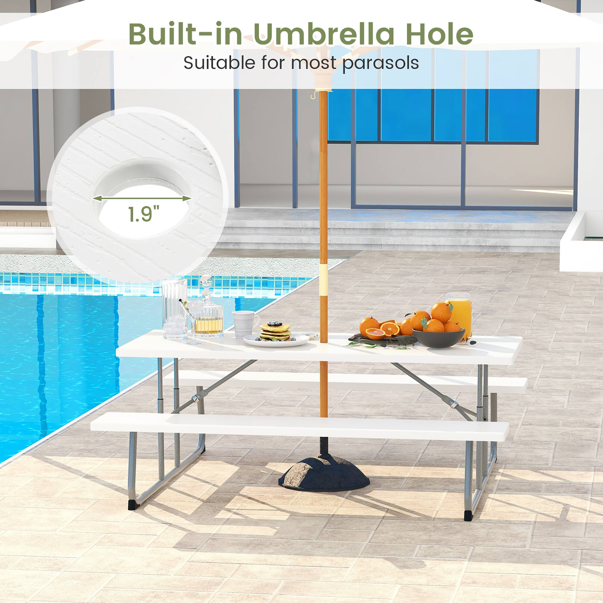 Built-in Umbrella Hole  
Suitable for most parasols  
1.9"