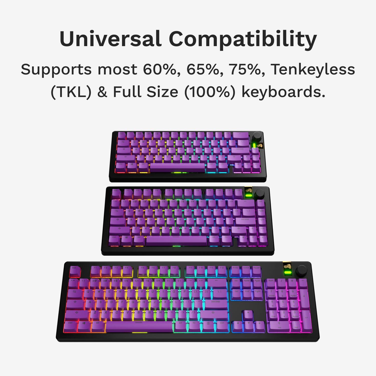 Universal Compatibility: Supports most 60%, 65%, 75%, Tenkeyless (TKL) & Full Size (100%) keyboards.