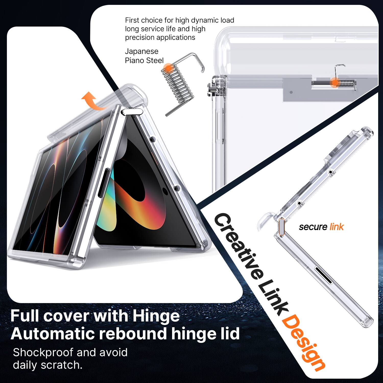 First choice for high dynamic load, long service life, and high precision applications: Japanese Piano Steel

Full cover with Hinge Automatic rebound hinge lid
Shockproof and avoid daily scratch.

Creative Link Design
secure link