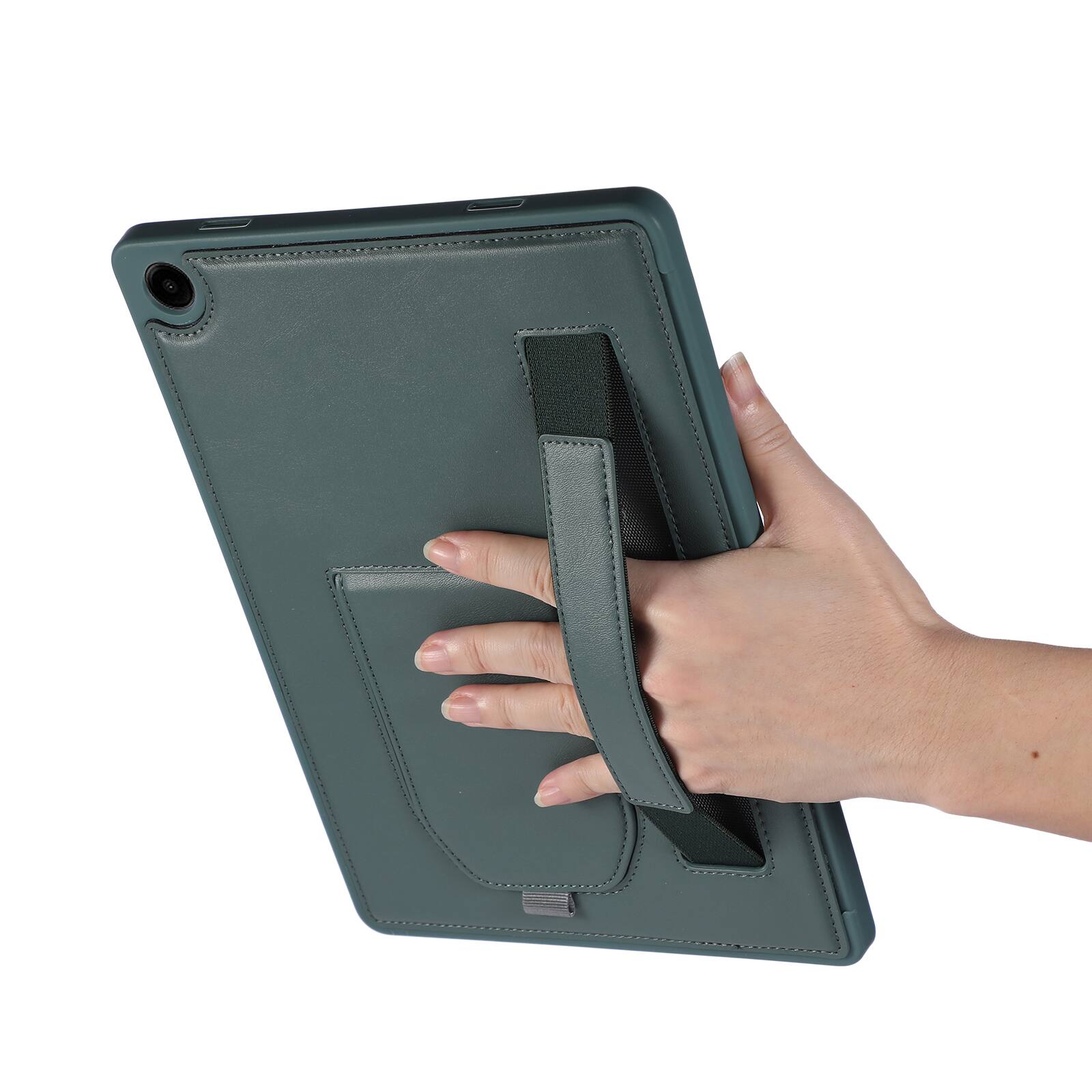 Left. UUCOVER - Case for Samsung Galaxy Tab A11+ 11-inch 2025 (SM-X230/X236/X238) Shockproof PU Leather Hand Strap Kickstand Cover - Darkgreen.