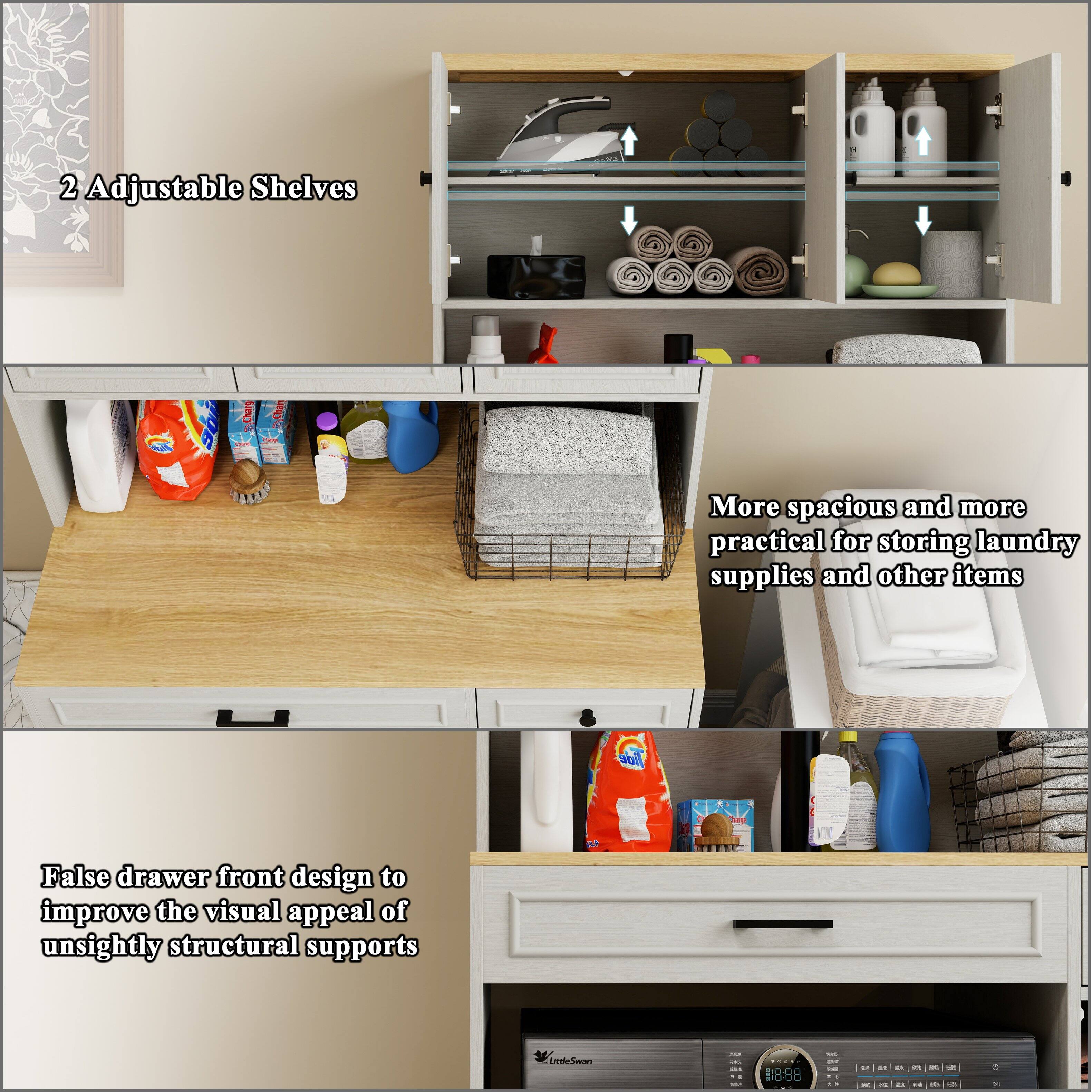 2 Adjustable Shelves - More spacious and more practical for storing laundry supplies and other items

False drawer front design to improve the visual appeal of unsightly structural supports