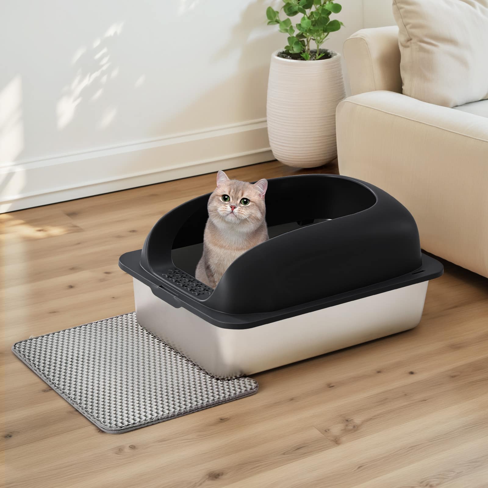 AENKYO - Large Stainless Steel Cat Litter Box with Lid Scoop and Mat Included - Black