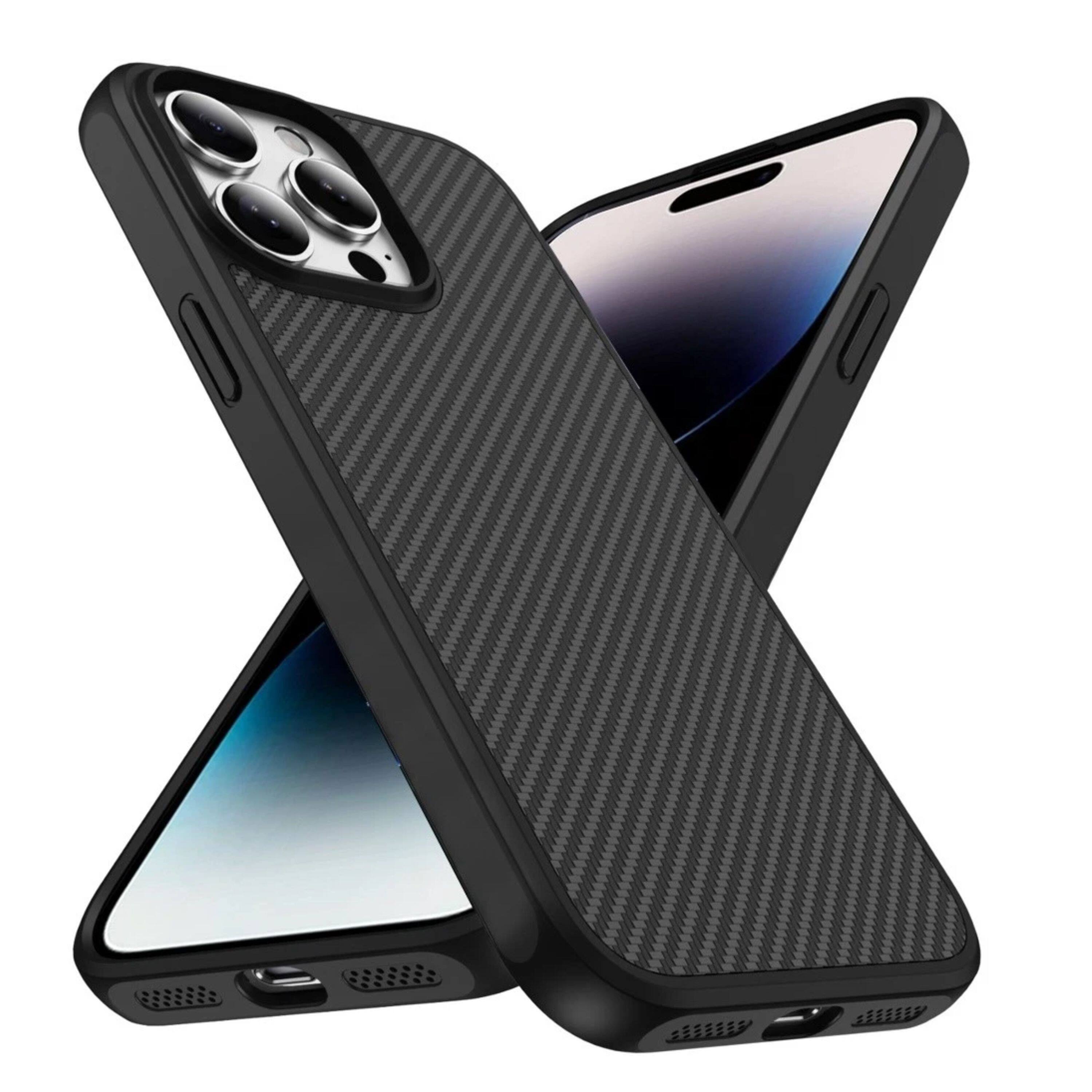 Left. Kitcheniva - Carbon Fiber Print With Hidden Magnetic Circle Phone Case For iPhone 14 Pro Max - Black.