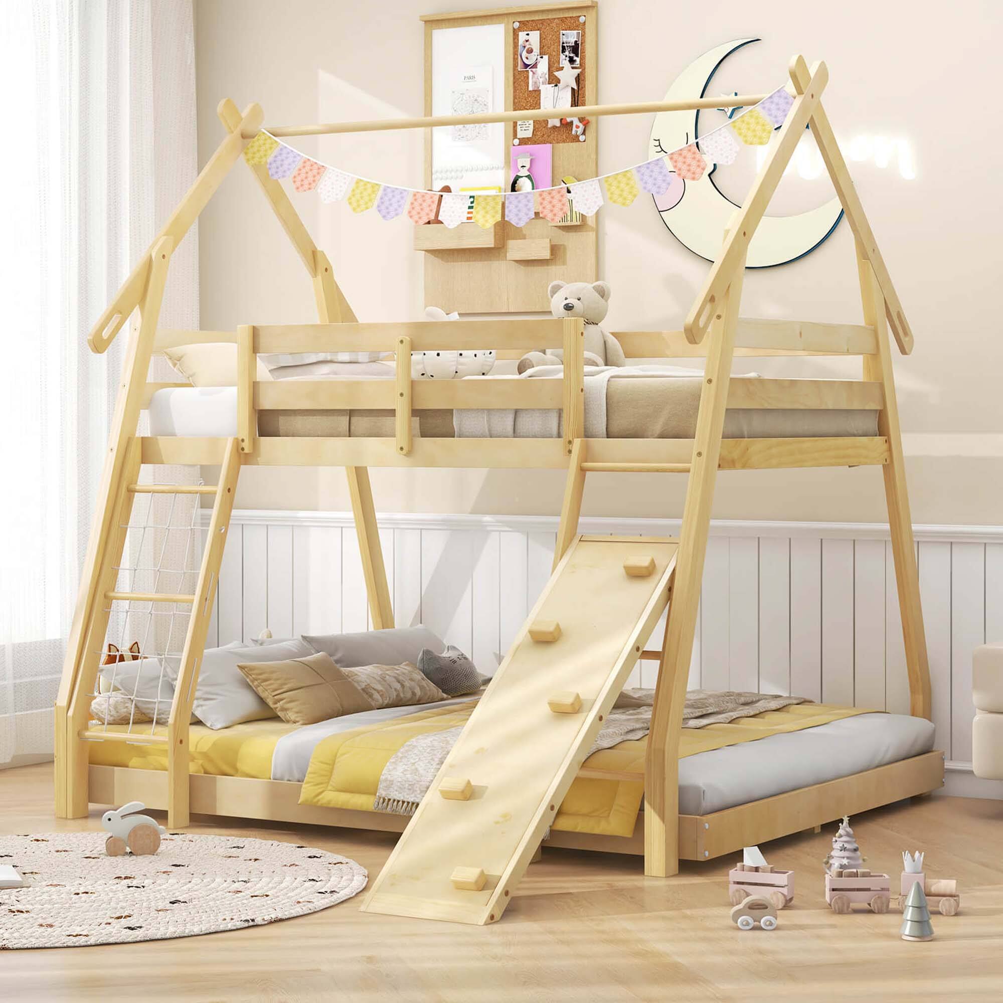 Angle. Costway - Twin Over Queen Bunk Bed House Shaped Bed Frame with Climbing Nets and Ramp - Beige.