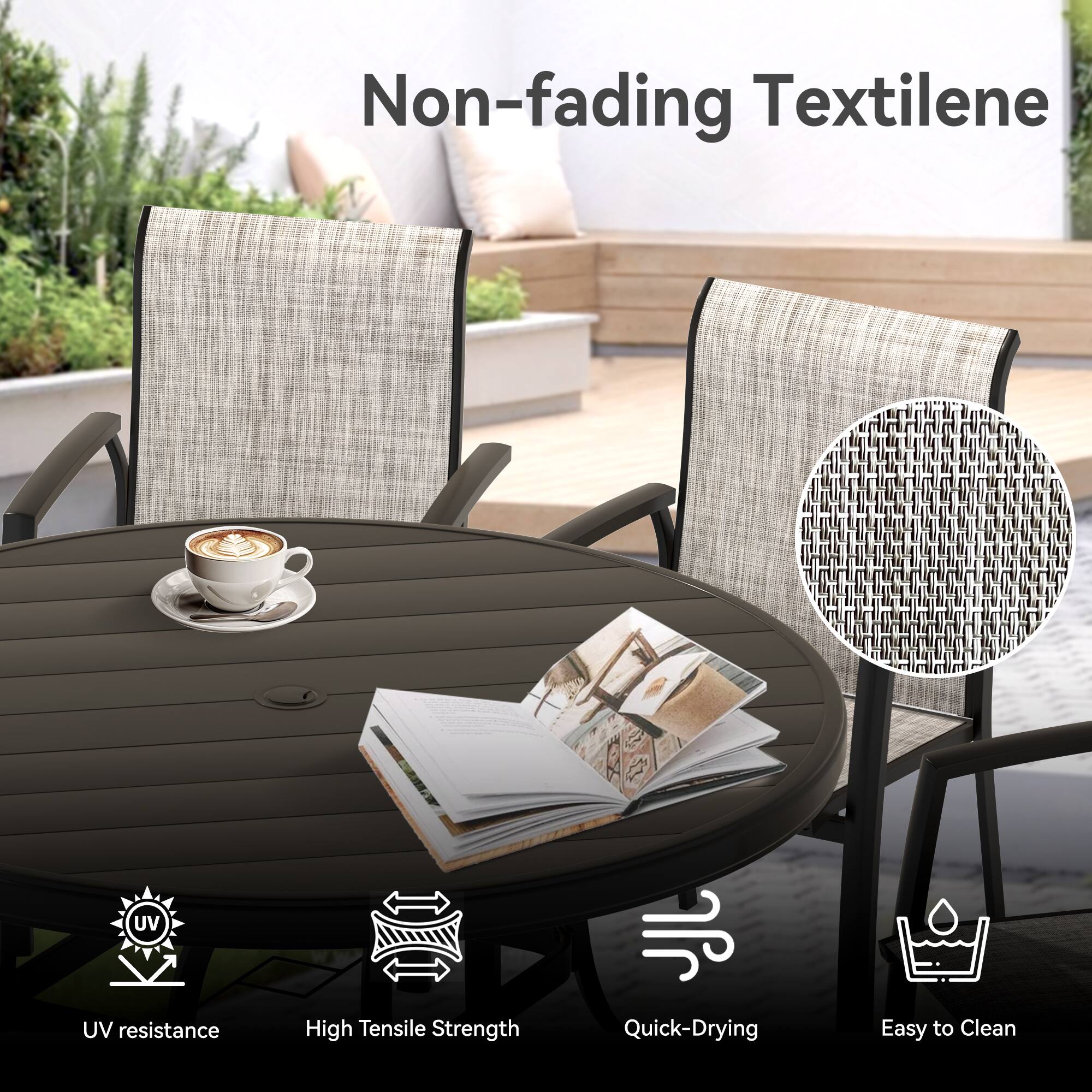 Non-fading Textilene  
UV resistance  
High Tensile Strength  
Quick-Drying  
Easy to Clean