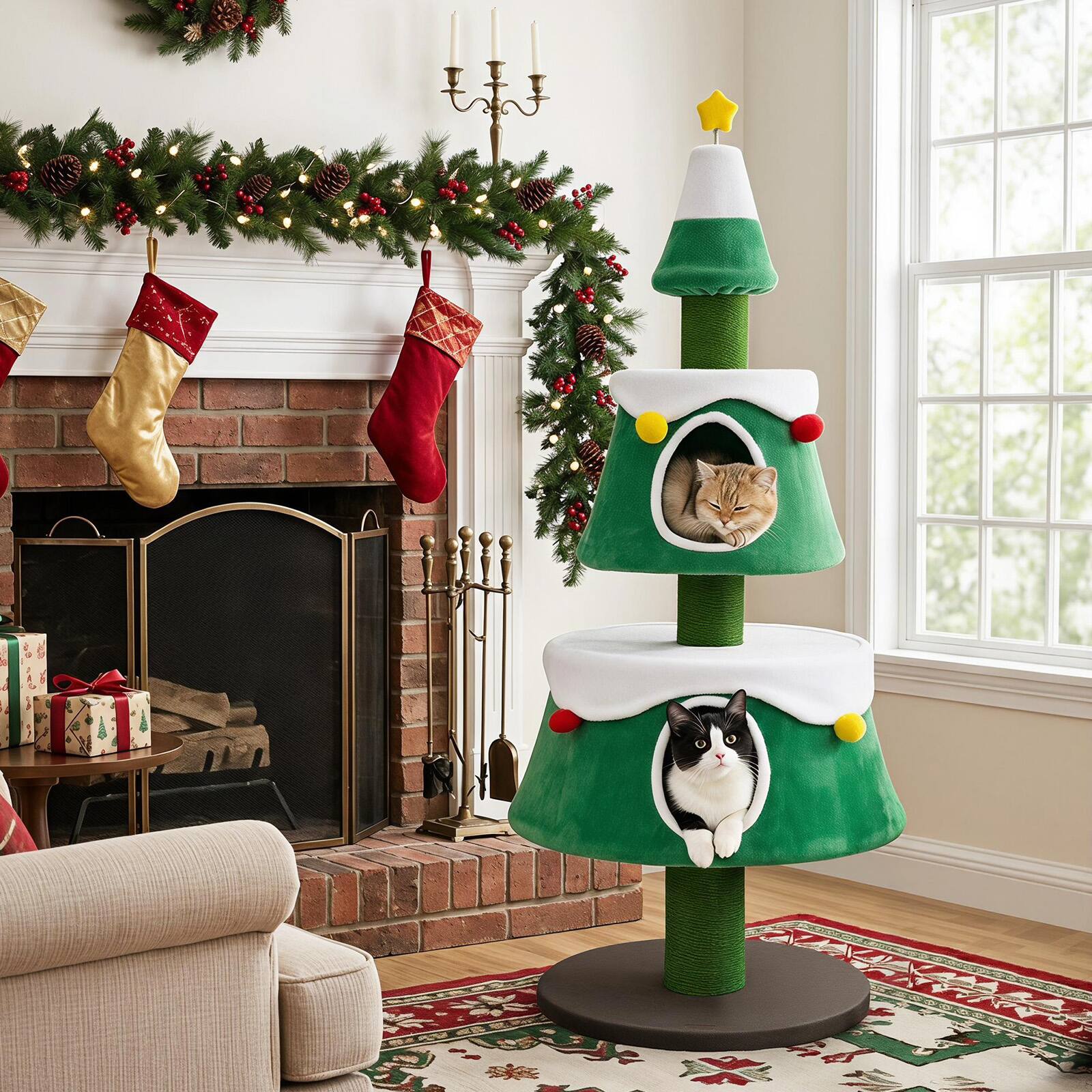 Alt View 3. Costway - Costway 61.5" Cat Christmas Tree with 2 Large Condos, Natural Jute Scratching Posts - Green + White + Brown.