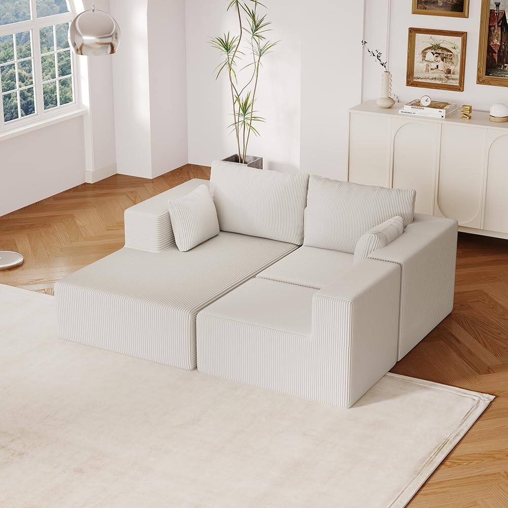 Alt View 4. Trinkets Crazed - 108.3in Sectional Foam Couch, Corduroy Fabric L Shape Sofa with Chaise Lounge - beige.