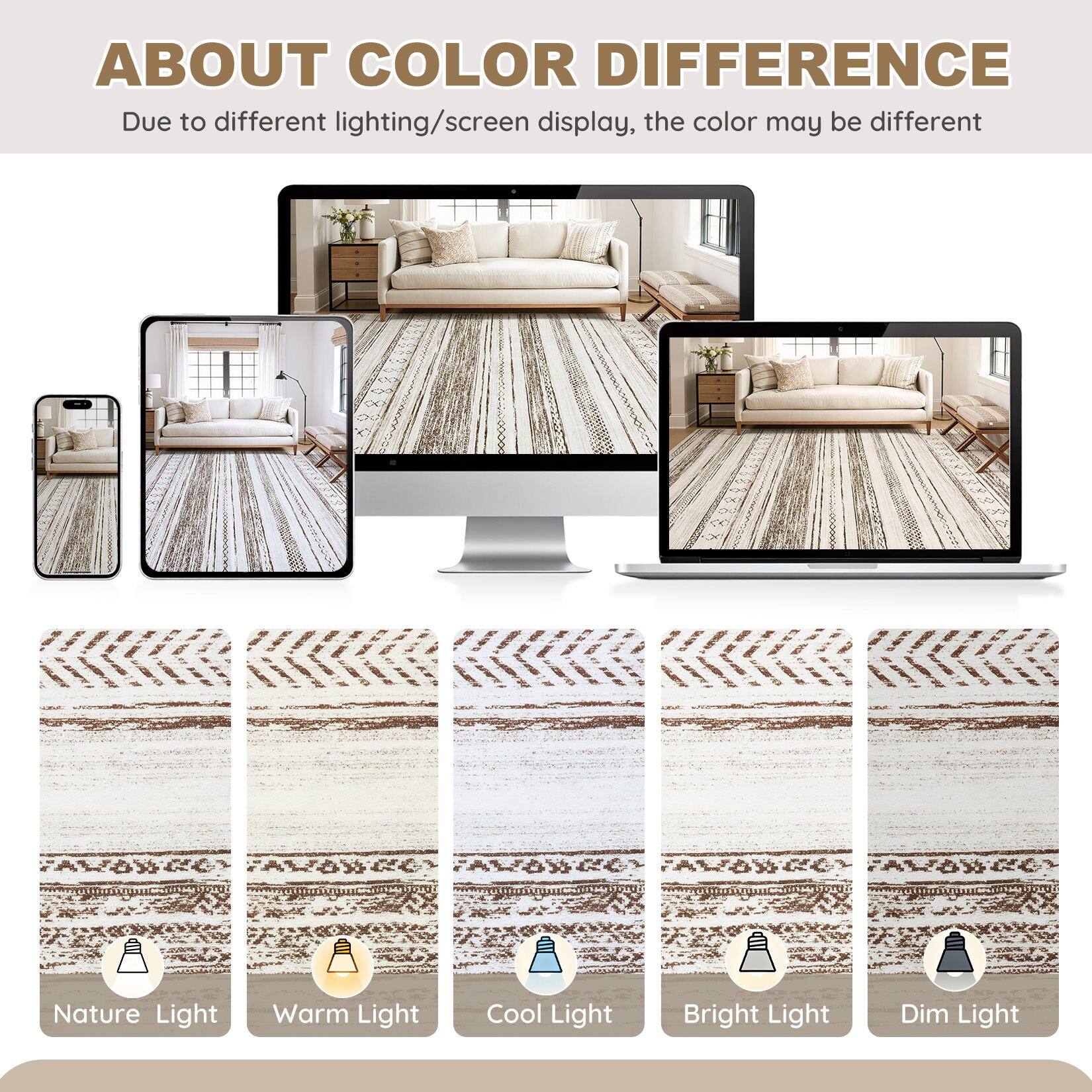 ABOUT COLOR DIFFERENCE  
Due to different lighting/screen display, the color may be different

Nature Light  
Warm Light  
Cool Light  
Bright Light  
Dim Light