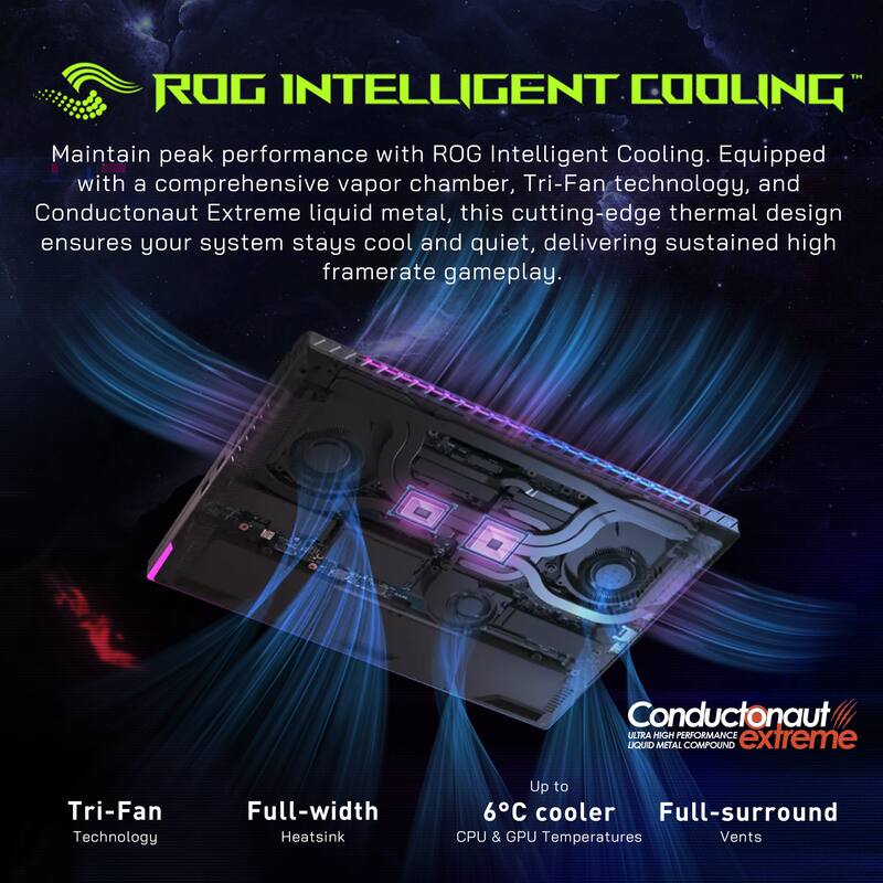 ROG INTELLIGENT COOLING

Maintain peak performance with ROG Intelligent Cooling. Equipped with a comprehensive vapor chamber, Tri-Fan technology, and Conductonaut Extreme liquid metal, this cutting-edge thermal design ensures your system stays cool and quiet, delivering sustained high framerate gameplay.

Conductonaut ULTRA HIGH PERFORMANCE extreme LQUD MITAL COMPOUND

Tri-Fan Technology

Full-width Heatsink

Up to 6°C cooler

Full-surround CPU & GPU Temperatures

Vents