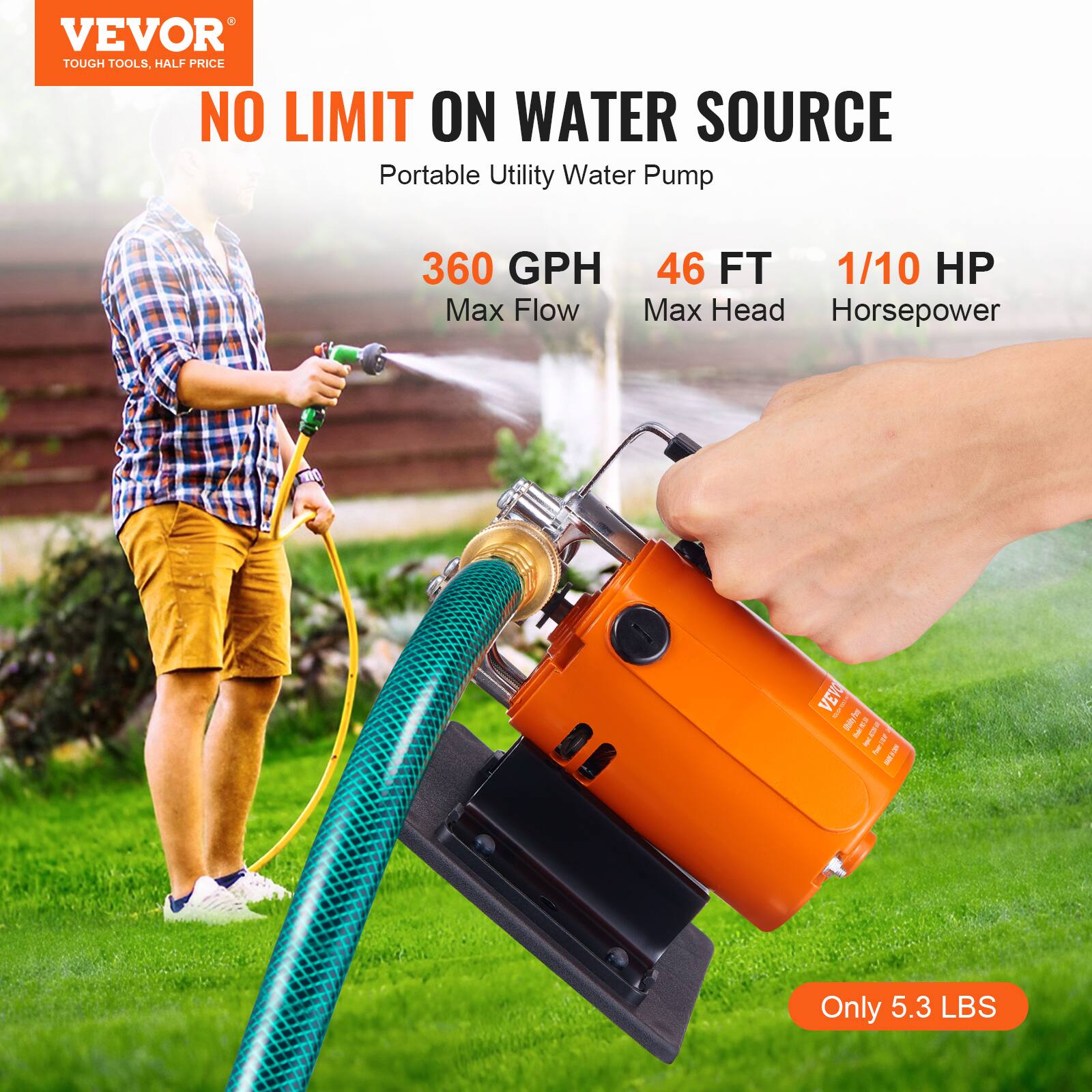 VEVOR TOUGH TOOLS, HALF PRICE NO LIMIT ON WATER SOURCE Portable Utility Water Pump  
360 GPH 46 FT 1/10 HP Max Flow Max Head Horsepower  
VEVO 100 MalityPre 14    Powe-Vor 1  
Only 5.3 LBS