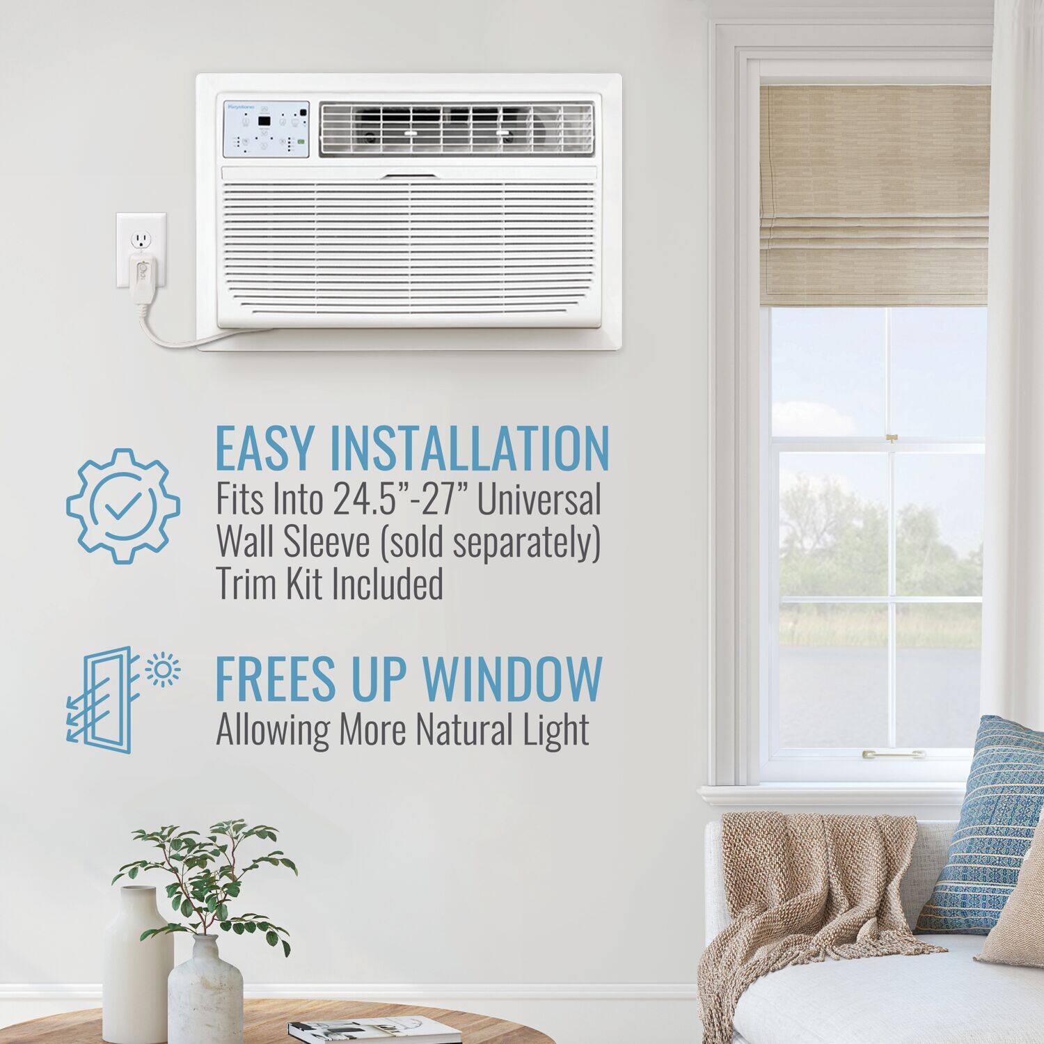 The text on the image is grouped and corrected as follows:

Easy Installation: Fits Into 24.5"-27" Universal Wall Sleeve (sold separately) Trim Kit Included. Frees Up Window, Allowing More Natural Light.