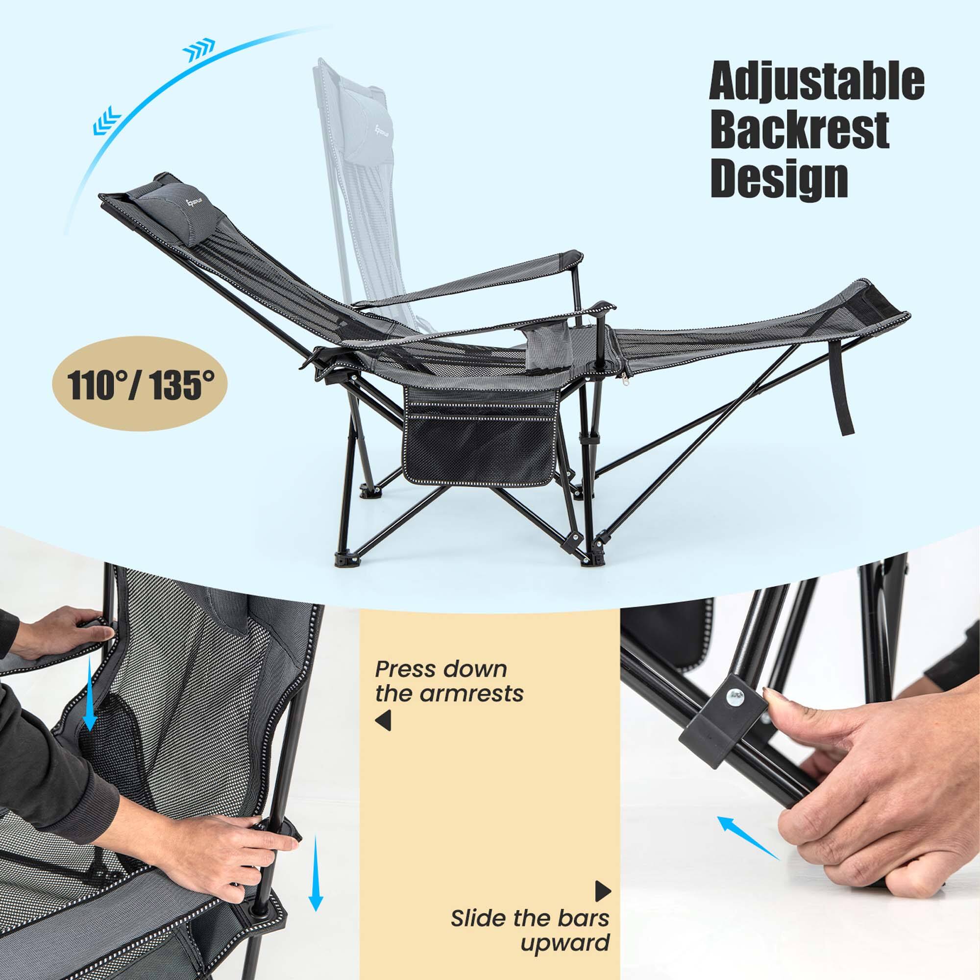 Adjustable Backrest Design: 110/135 Press down the armrests Slide the bars upward