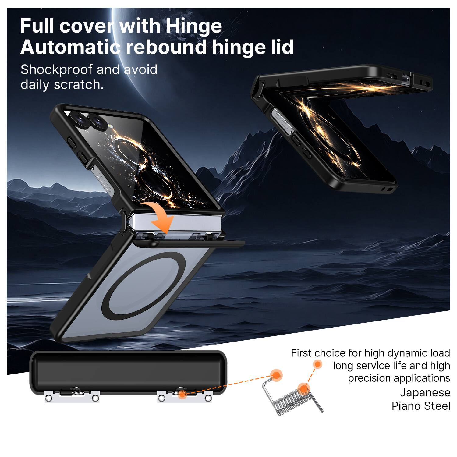 Full cover with Hinge Automatic rebound hinge lid  
Shockproof and avoid daily scratch.  

First choice for high dynamic load long service life and high precision applications Japanese Piano Steel