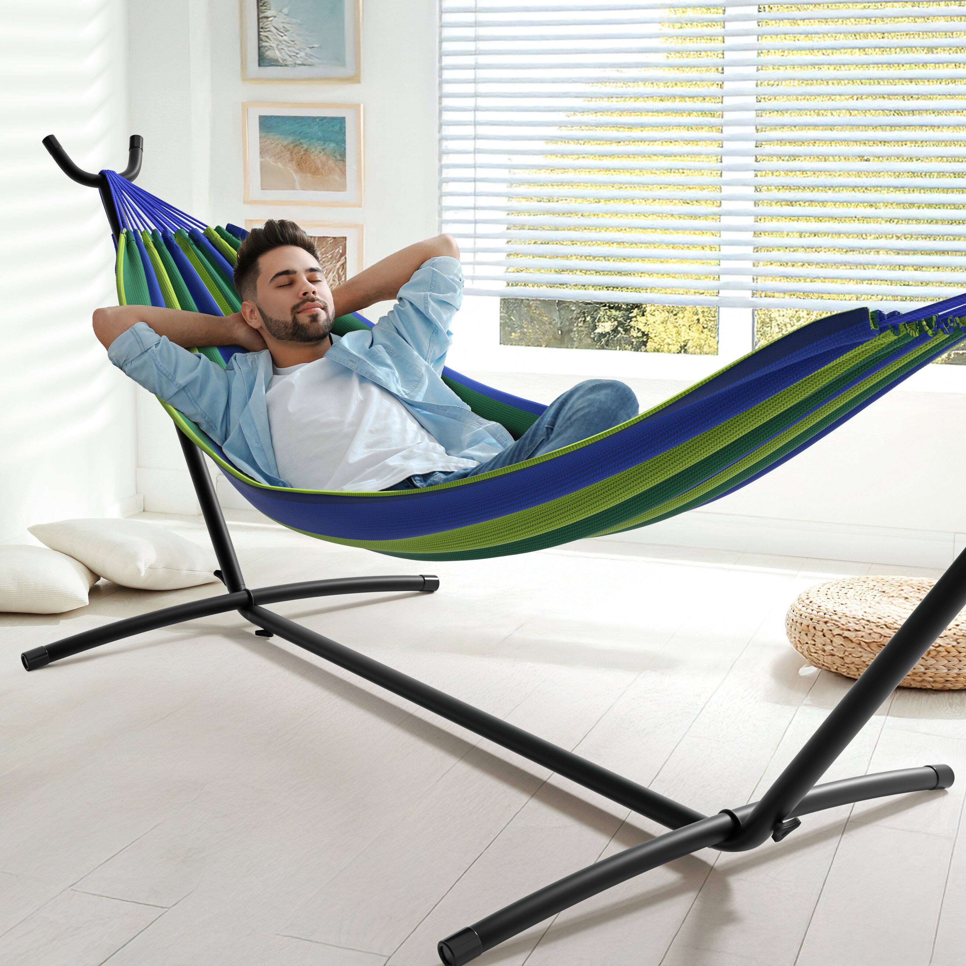 Back. Sorbus - Sorbus Double Hammock With Steel Stand - Portable Carrying Case Included - Blue/green stripes.