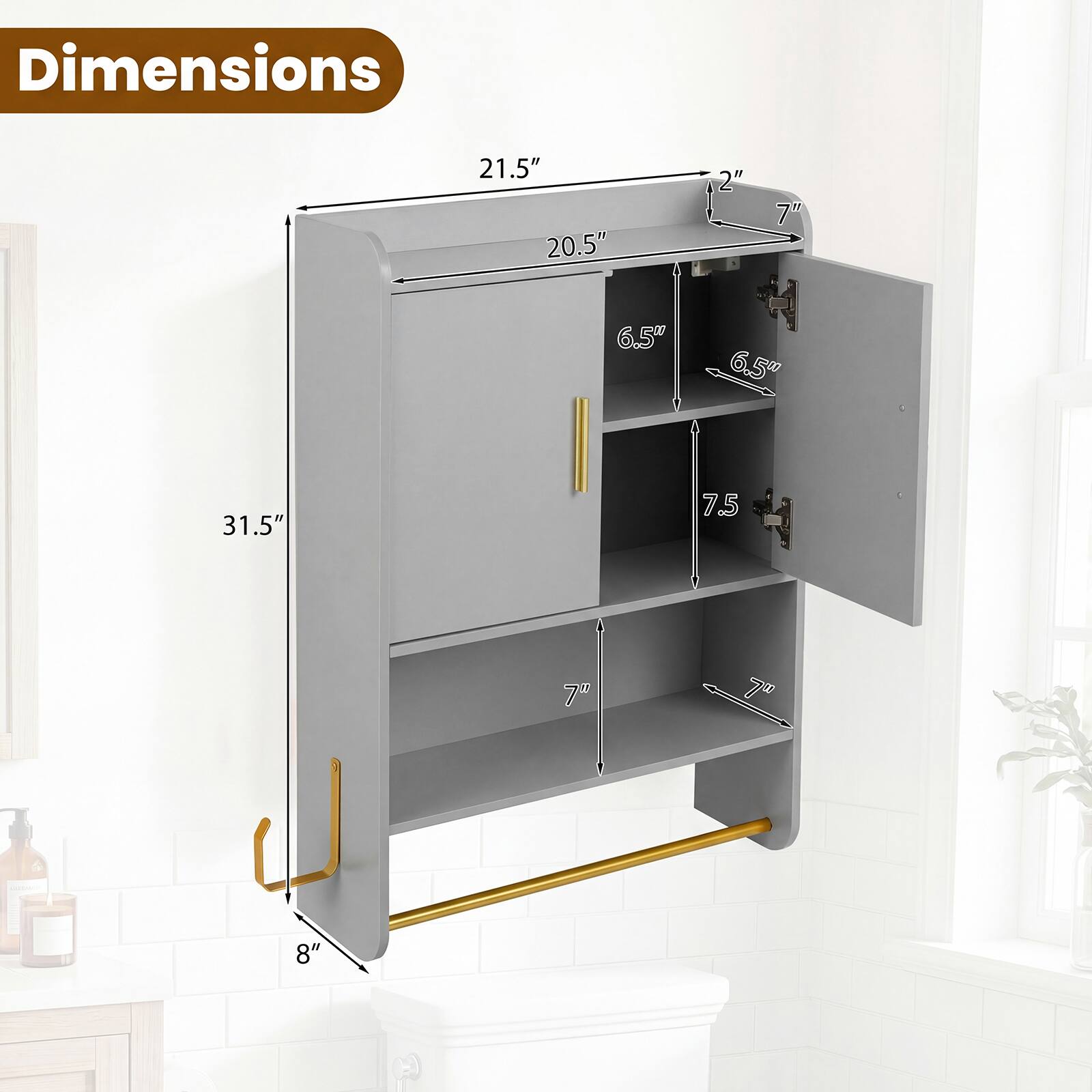 Dimensions: 21.5" W x 20.5" D x 31.5" H  
- 6.5" (depth of shelves)  
- 7" (height of shelves)  
- 7.5" (height of top shelf)  
- 2" (depth of top section)  
- 8" (height from floor to bottom of cabinet)