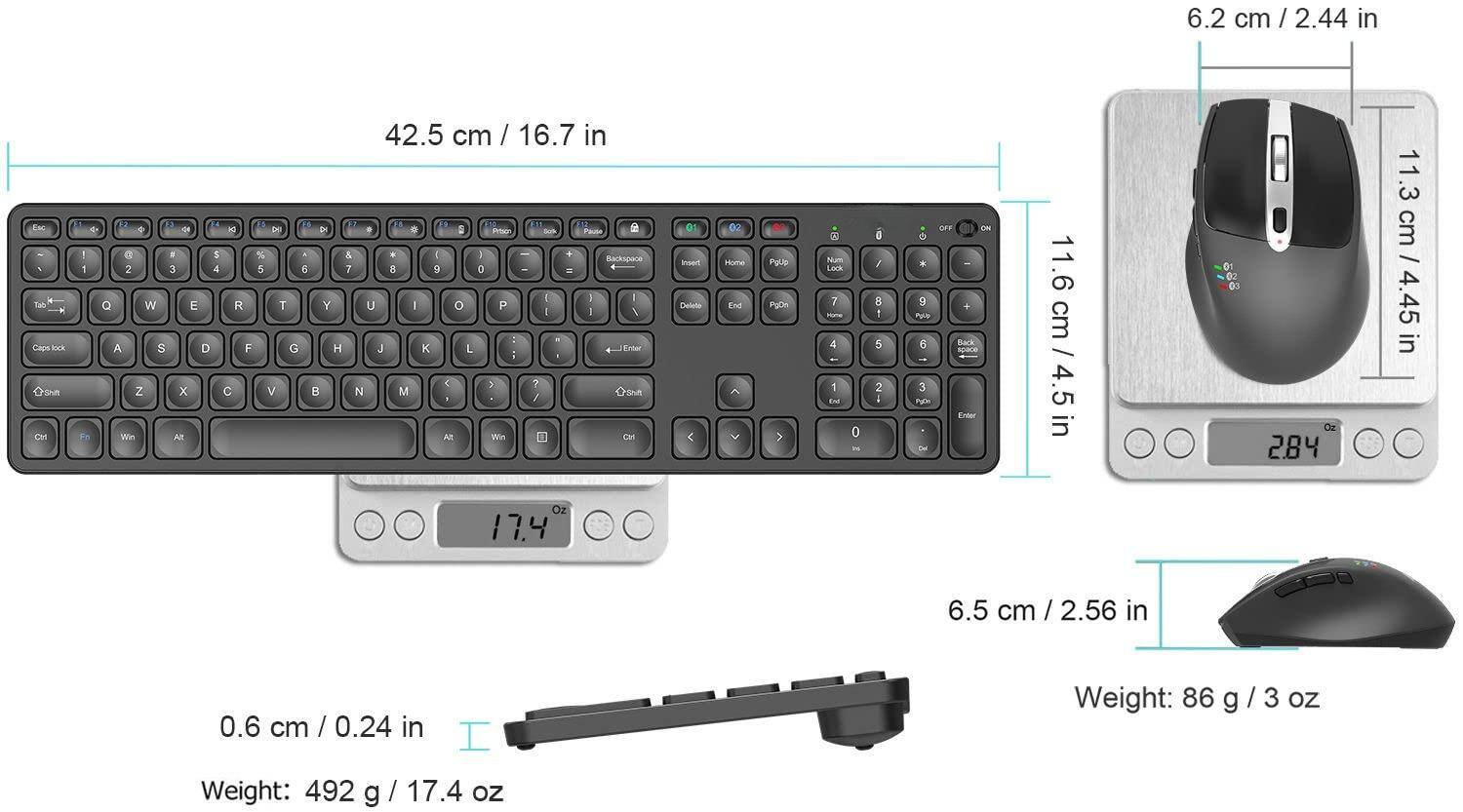Sure, here is the corrected and grouped text from the image:

---

**Keyboard:**
- Dimensions: 42.5 cm / 16.7 in (length) x 11.6 cm / 4.5 in (height)
- Weight: 492 g / 17.4 oz

**Mouse:**
- Dimensions: 11.3 cm / 4.45 in (length) x 6.2 cm / 2.44 in (height)
- Weight: 86 g / 3 oz

**Additional Details:**
- 0.6 cm / 0.24 in (thickness of the keyboard)
- 6.5 cm / 2.56 in (thickness of the mouse)

---

This text is organized to reflect the dimensions and weights of the keyboard and mouse, as well as additional details provided in the image.