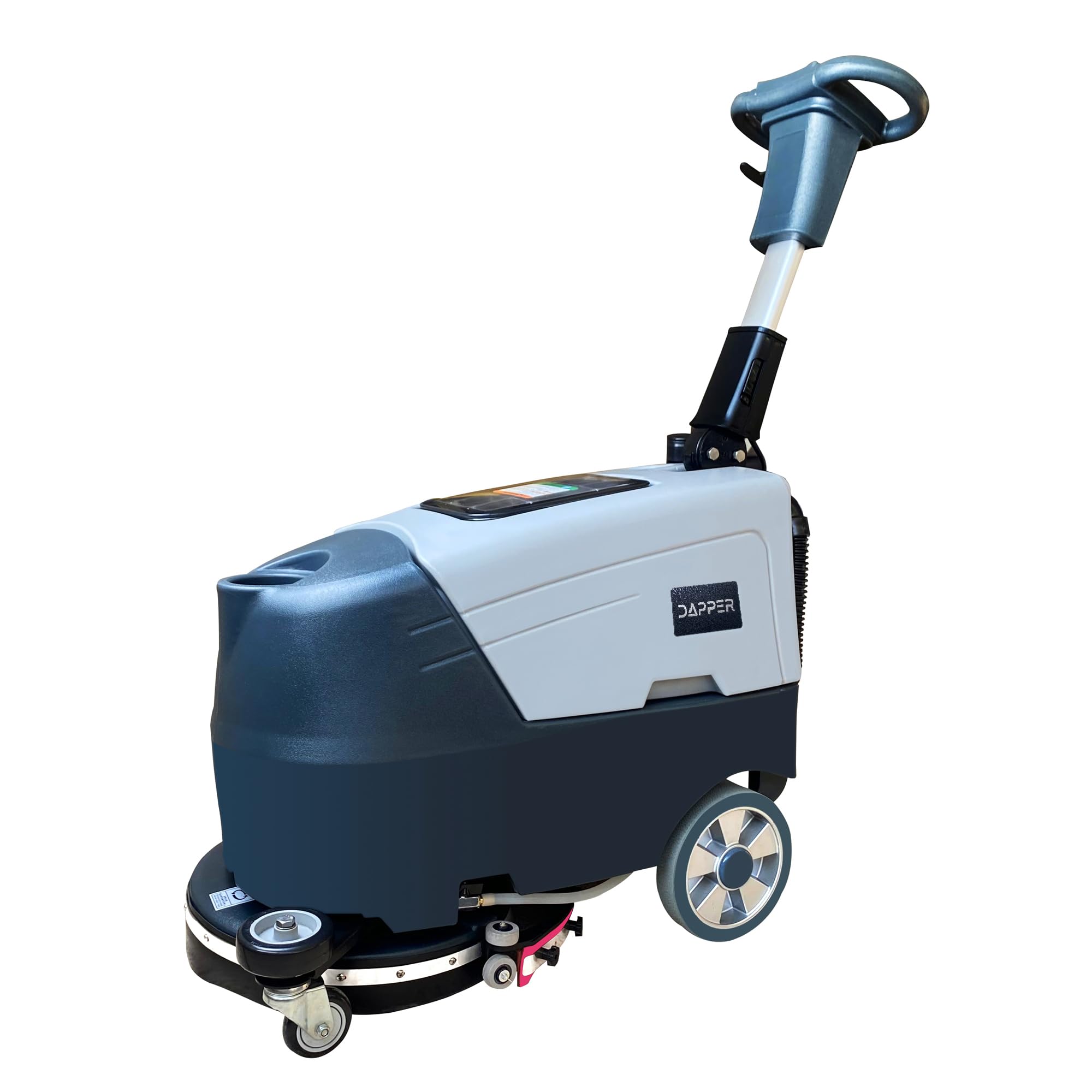 Left. Dapper Supply - Battery Powered Scrubber Machine 16 Inch Brush 21.5 Inch Squeegee 6.5 Gallon Tank 200 RPM 3 Pads - Grey.