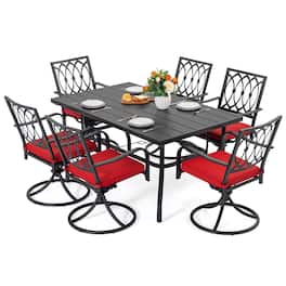 Nuu Garden - 7PCS Metal Patio Dining Set with Umbrella Hole, Swivel Chairs with Cushions - Black and Red