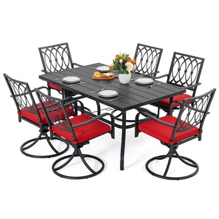Front. Nuu Garden - 7PCS Metal Patio Dining Set with Umbrella Hole, Swivel Chairs with Cushions - Black and Red.