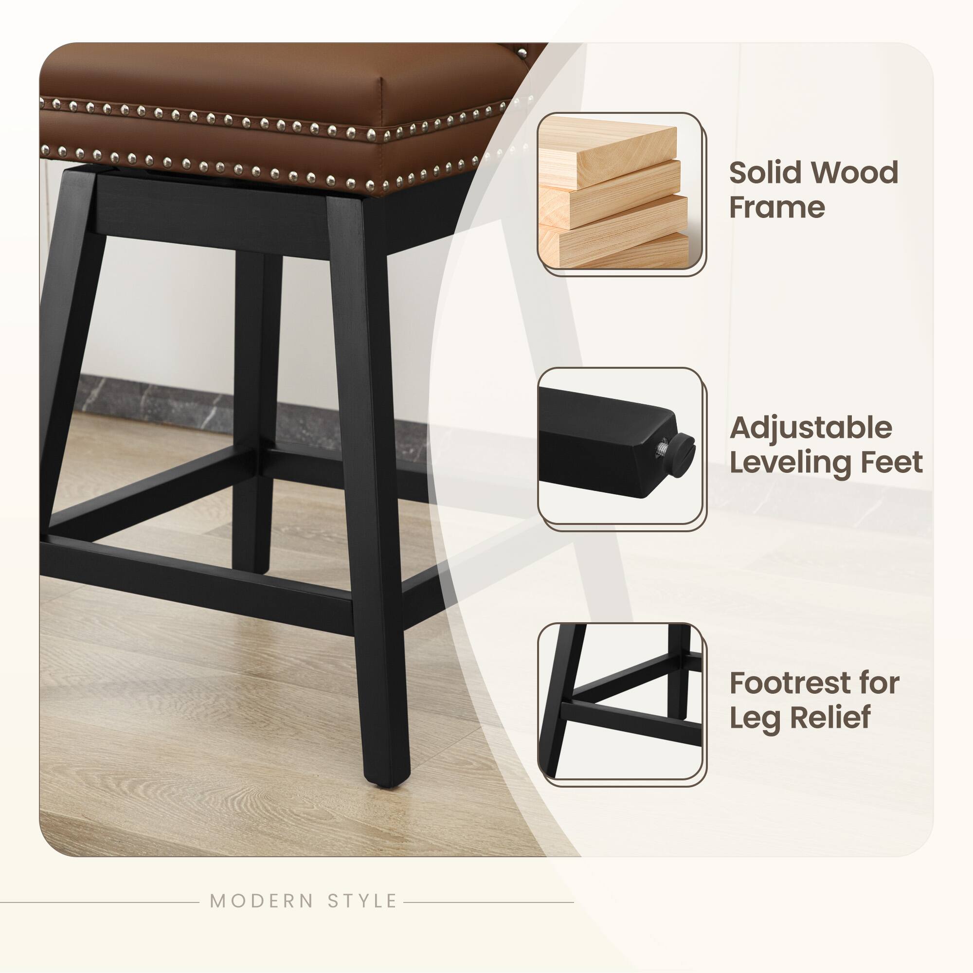 Solid Wood Frame Adjustable Leveling Feet Footrest for Leg Relief MODERN STYLE

- Solid Wood Frame
- Adjustable Leveling Feet
- Footrest for Leg Relief