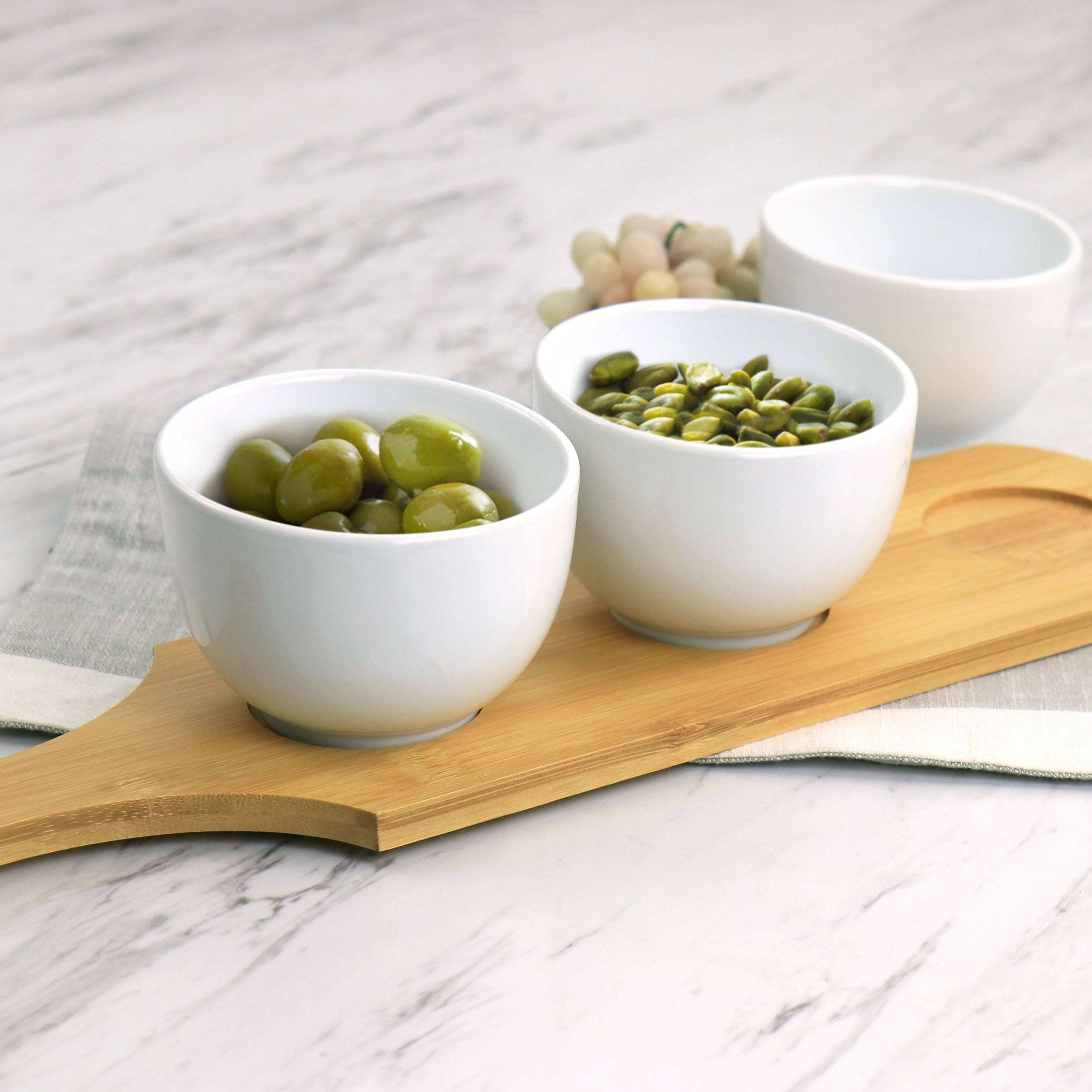 Alt View 2. Gibson - Gibson Elite Gracious Dining 4 Piece Fine Ceramic Tidbit Bowl Set with Base in White - Brown.