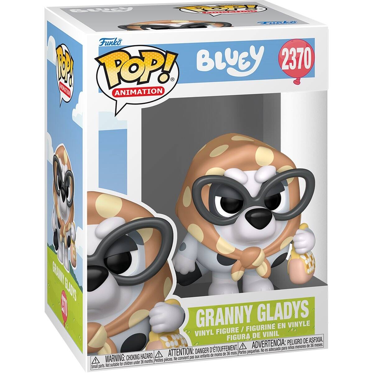 BLUEY  
ANIMATION  
Funko POP! BLUEY 2370 MINUTO ANIMATION  
GRANNY GLADYS VINYL FIGURE / FIGURINE EN VINYLE / FIGURA DE VINIL  
ADVERTENCIA: PELIGRO DE ASFIXIA. Niños menores de 36 meses.  
ATTENTION: DANGER D'ÉTOUFFEMENT, mois.  
WARNING: CHOKING HAZARD, Small parts. Not suitable for children under 36 months.