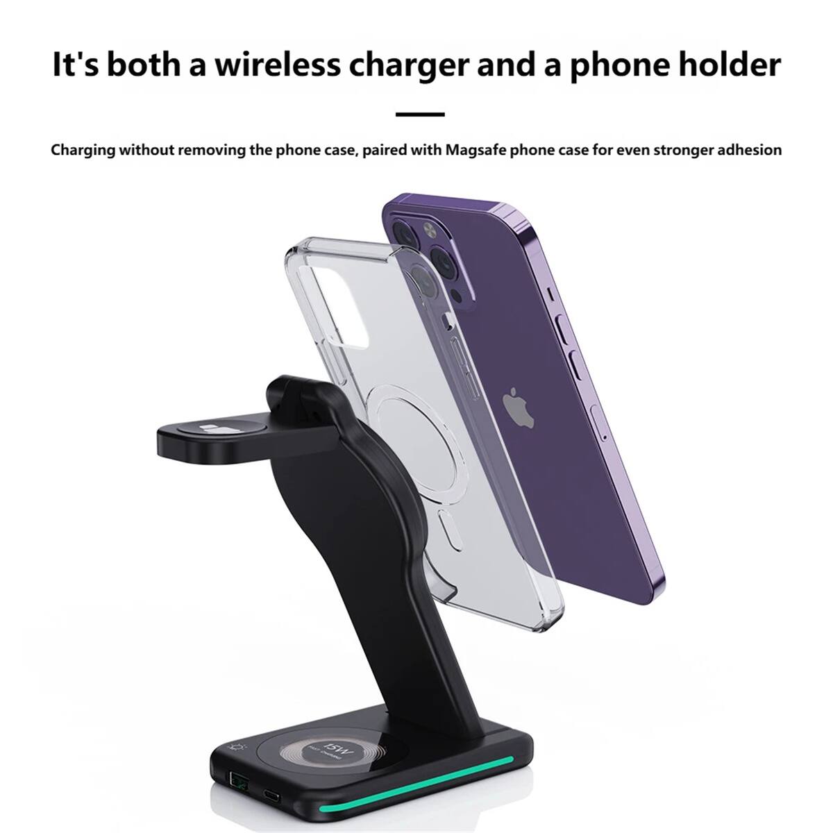 It's both a wireless charger and a phone holder

Charging without removing the phone case, paired with Magsafe phone case for even stronger adhesion