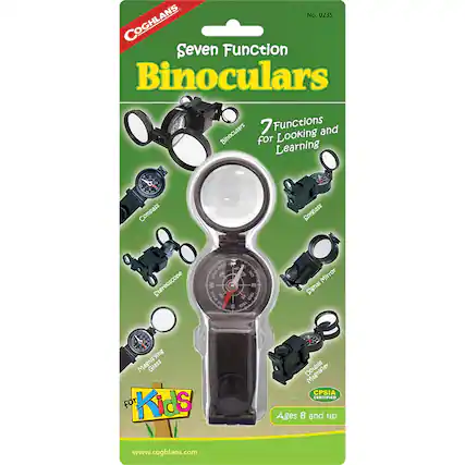 No. 0235 COGHLANS Seven Function Binoculars
7 Functions and Binoculars for Looking and Learning
Compass, Spyglass, Stereoscope, Signal Mirror, Magnifying Glass
CPSIA CERTIFIED
Ages 8 and up
www.coghlans.com