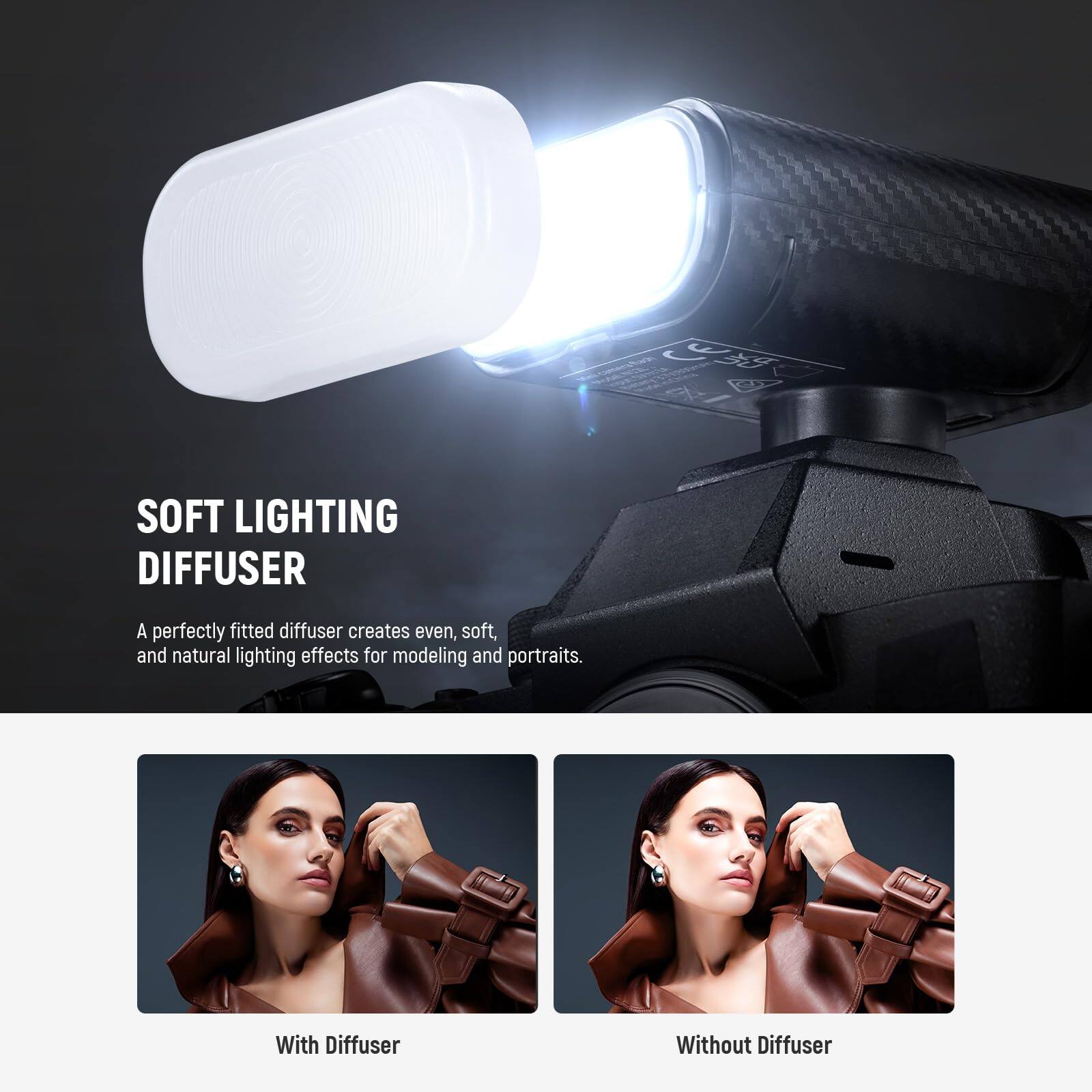 SOFT LIGHTING DIFFUSER

A perfectly fitted diffuser creates even, soft, and natural lighting effects for modeling and portraits.

With Diffuser

Without Diffuser