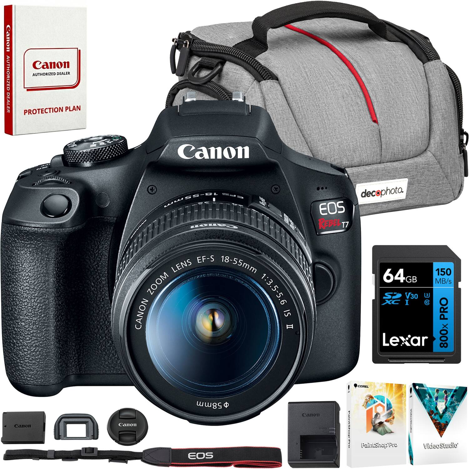 Canon Authorized Dealer Protection Plan

Canon EOS Rebel T7 EF-S 18-55mm Lens Zoom 1:3.5-5.6 IS II

64GB 150 MB/s V30 Lexar 800x PRO

Canon 58mm

Canon EOS Rebel T7

decophota

PaintShop Pro

VideoStudio Pro