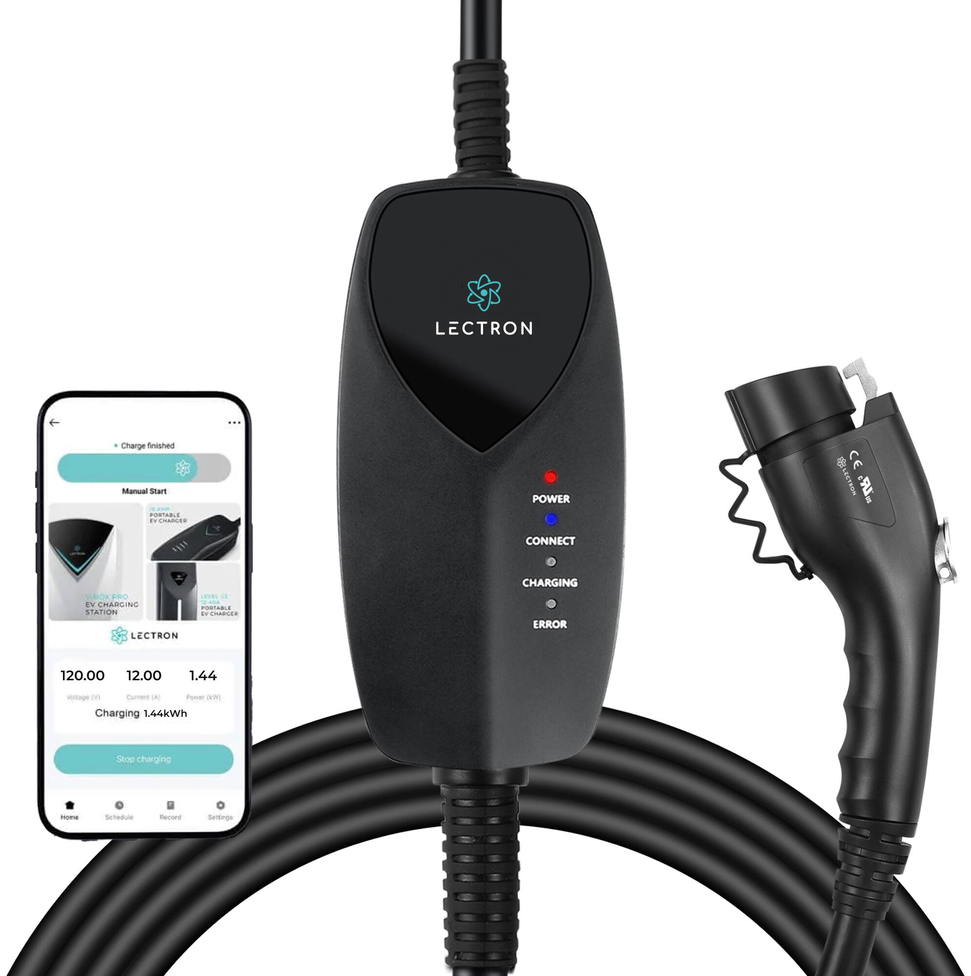 Lectron - J1772 Level 1 NEMA 5-15 Electric Vehicle (EV) WiFi Charger-up to 12A- 16' - Black