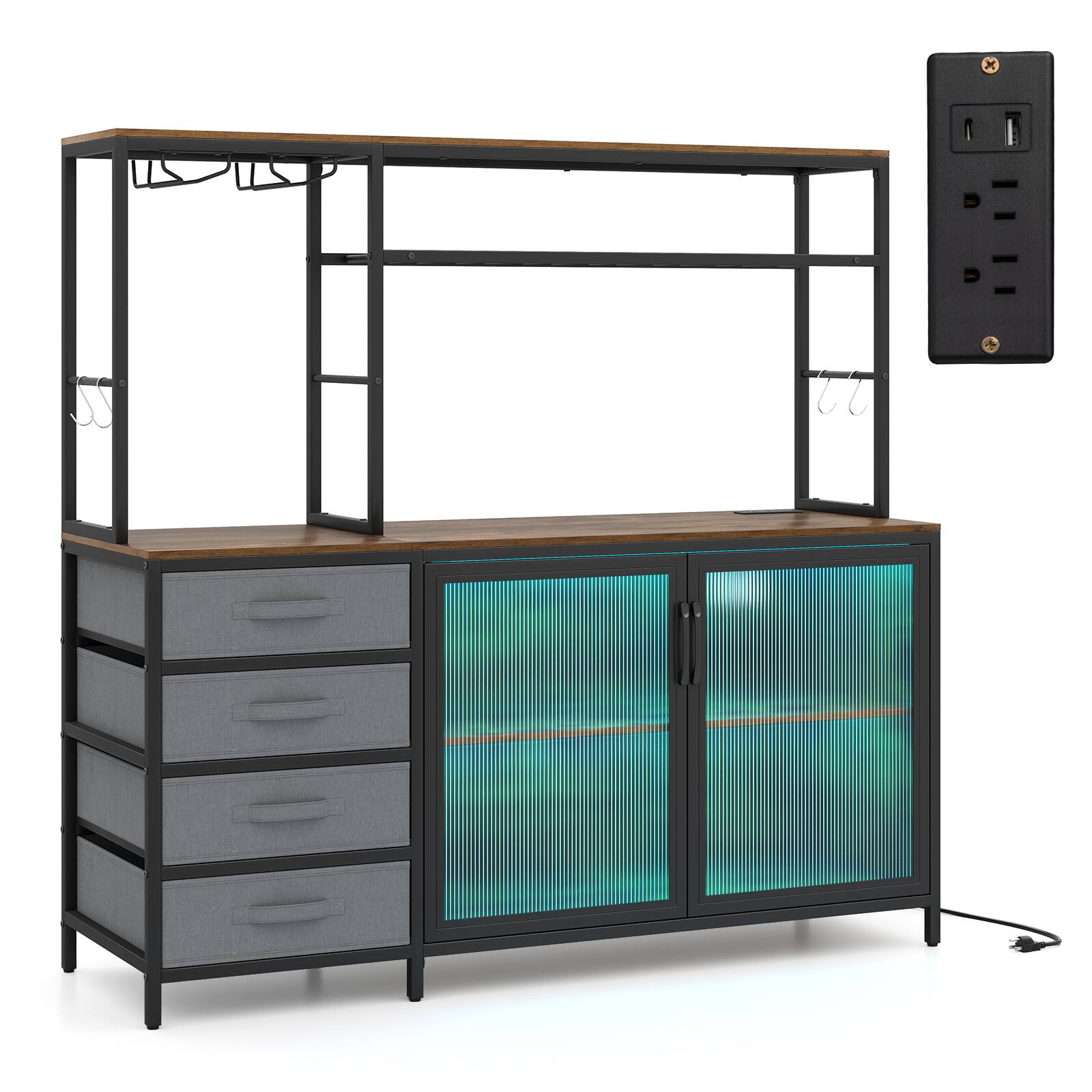 Alt View 9. Gymax - Gymax Sideboard Buffet Cabinet w/ LED Lights 55'' Coffee Table w/ Power Outlets Brown - Brown.