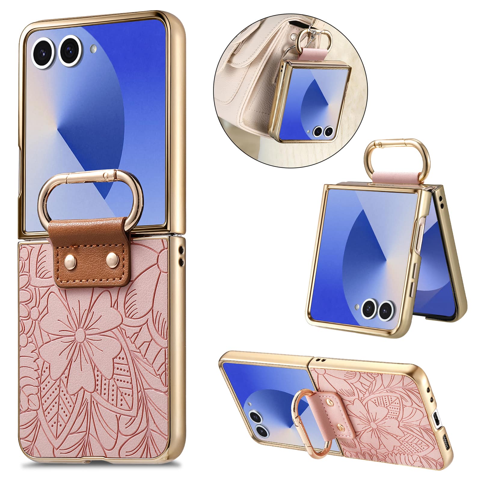 Dteck - Shockproof Floral Leather Texture Case for Samsung Galaxy Z Flip8, Electroplated Rigid Plastic Cover with Ring Holder - Pink