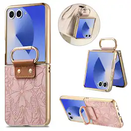 Dteck - Shockproof Floral Leather Texture Case for Samsung Galaxy Z Flip8, Electroplated Rigid Plastic Cover with Ring Holder - Pink