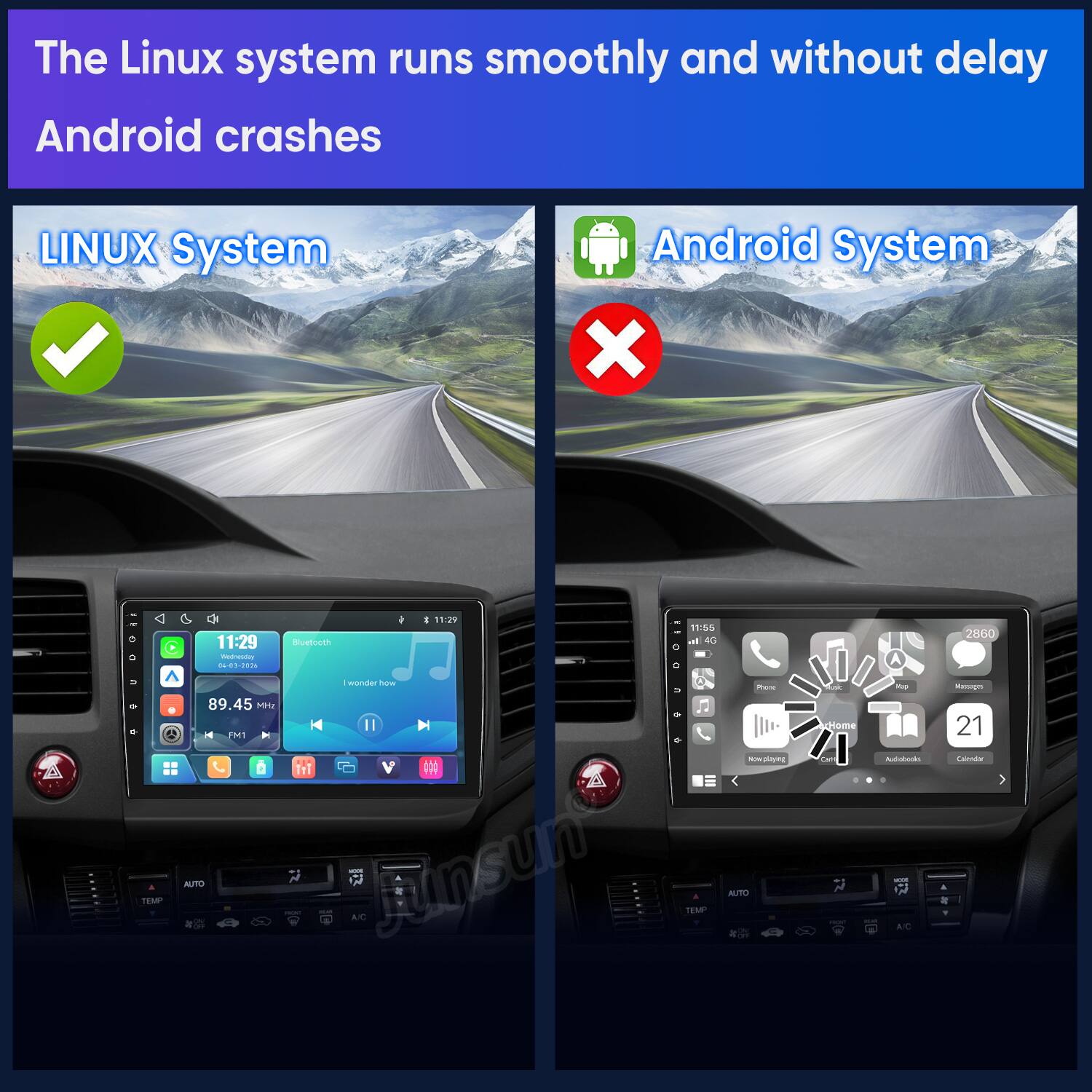 The Linux system runs smoothly and without delay Android crashes

LINUX System
Android System

11:29 Netresday 04-03-2026
Bluetooth
11:29
11:55 al 40 o

I wonder how

Phone
Rusk rHome
Sup
21
Now playing
Autiobooks
Calendar

- AC
& TEMP
AUTO OFF

300M A/C