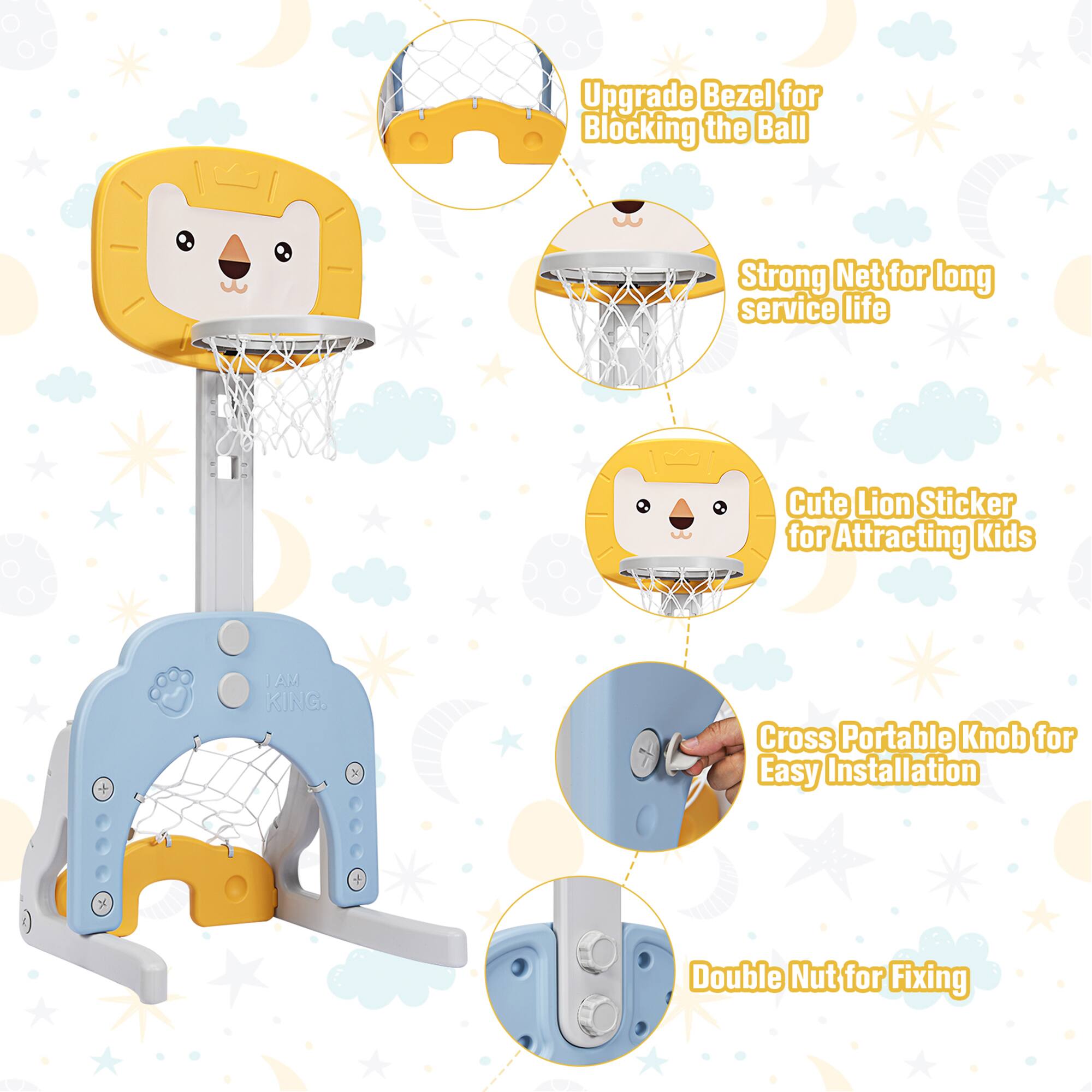 Upgrade Bezel for Blocking the Ball, Strong Net for long service life, Cute Lion Sticker for Attracting Kids, Cross Portable Knob for Easy Installation, Double Nut for Fixing