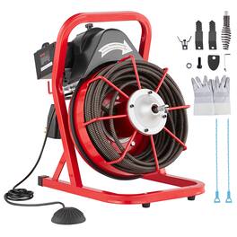 VEVOR - Drain Cleaner Machine 75FTx1/2Inch,Sewer Snake Auger Manual Feed, 370W,with Air-activated Foot Switch for 2" to 4" Pipes - Red