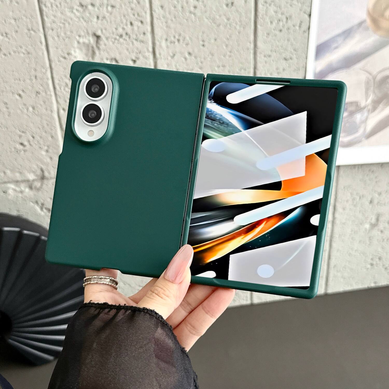 Angle. Dteck - for Samsung Galaxy Z Fold8 Rugged Slim Case with Built-in Tempered Glass Protector,Skin-Friendly Shockproof PC Cover - Green.