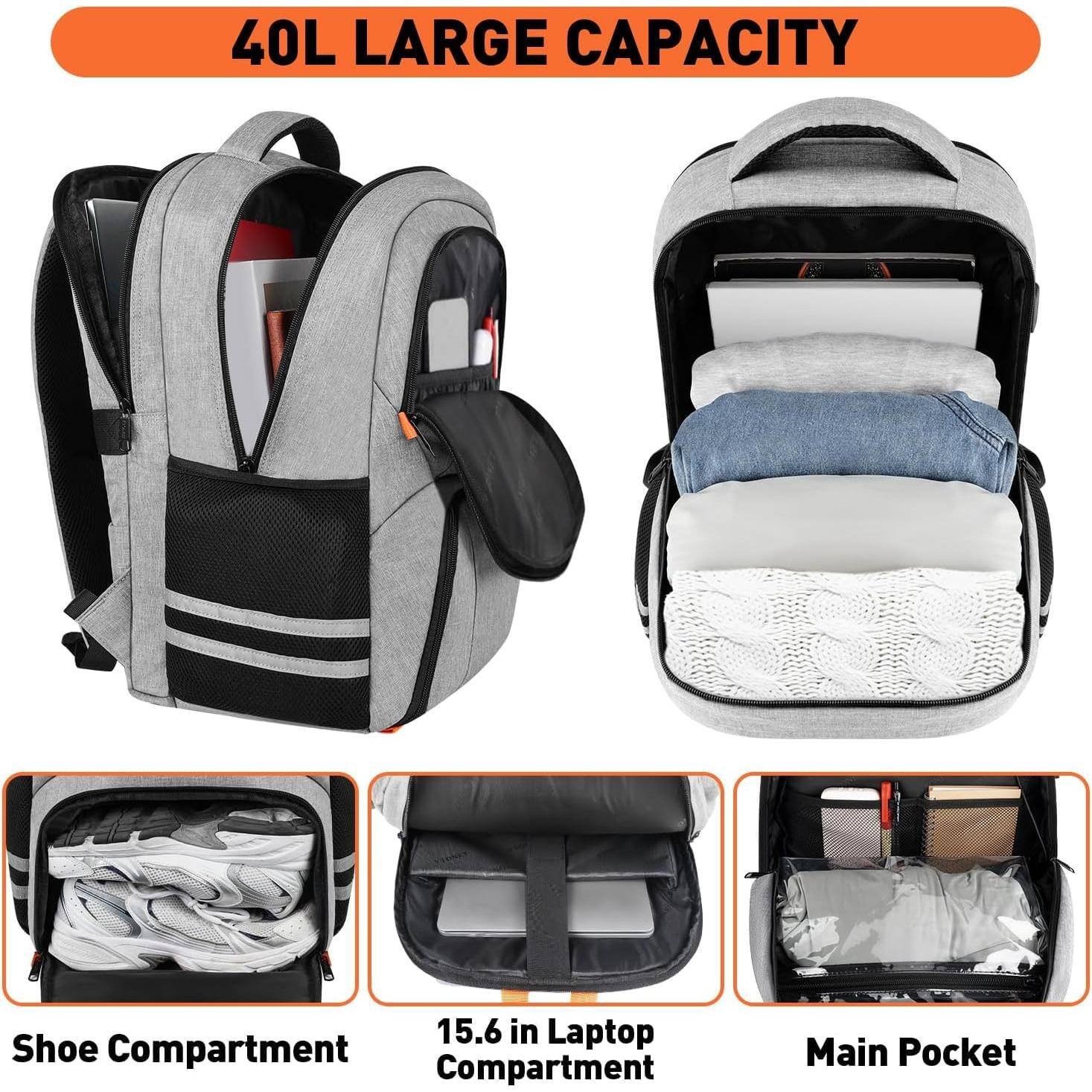 40L LARGE CAPACITY

Shoe Compartment

15.6 in Laptop Compartment

Main Pocket