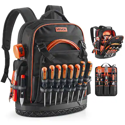 Front. VEVOR - Tool Backpack, 64 Pockets, Heavy-duty Tools Storage Organizer Work Bags with Laptop Compartment & Molded Base - Black,Orange.