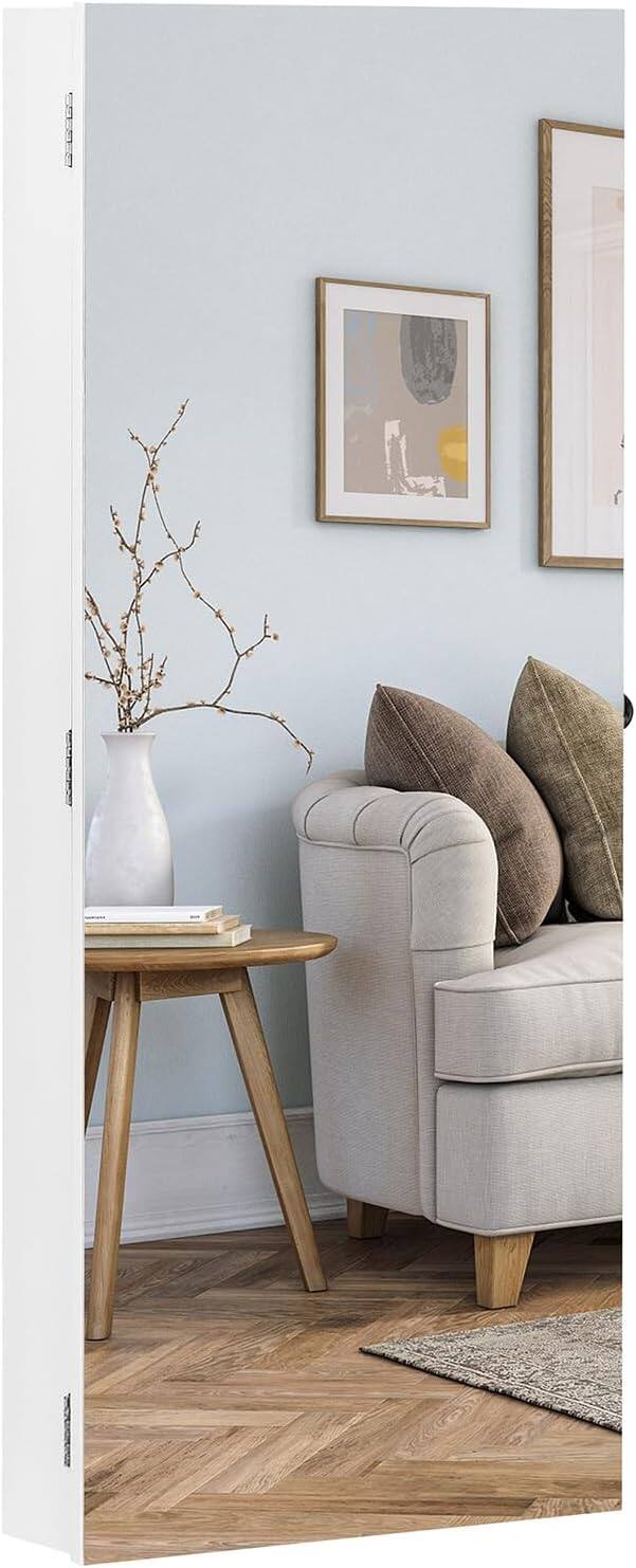 Front. Winado - Wall Door Mounted Full Mirrored Jewelry Holder Cosmetic Large Organizer Cabinet Armoire Lockable w/ Frameless Mirror - White.