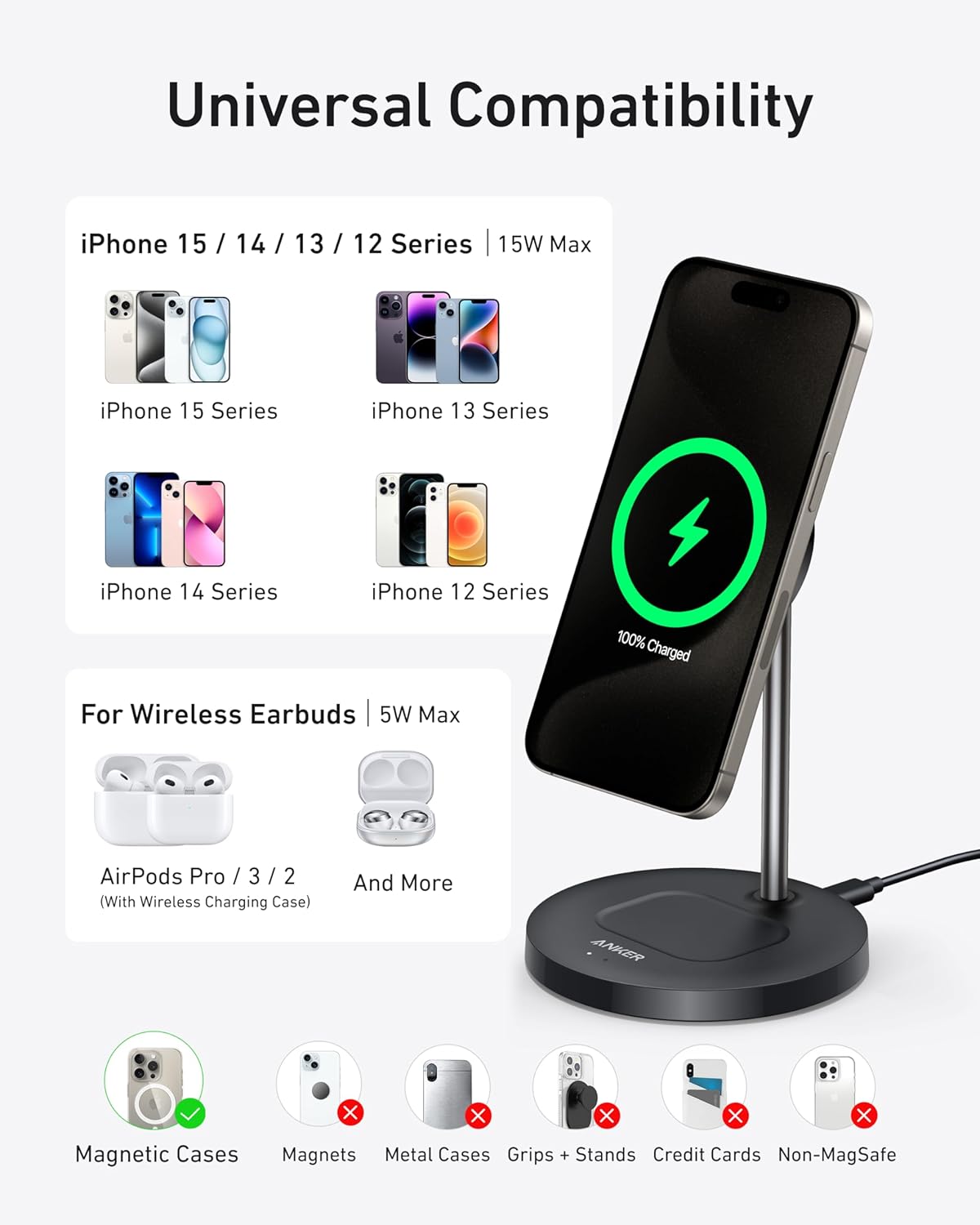 Universal Compatibility

iPhone 15 / 14 / 13 / 12 Series | 15W Max
- iPhone 15 Series
- iPhone 13 Series
- iPhone 14 Series
- iPhone 12 Series

For Wireless Earbuds | 5W Max
- AirPods Pro / 3 / 2 (With Wireless Charging Case)
- And More

Magnetic Cases ✔️
Magnets ❌
Metal Cases ❌
Grips + Stands ❌
Credit Cards ❌
Non-MagSafe ❌