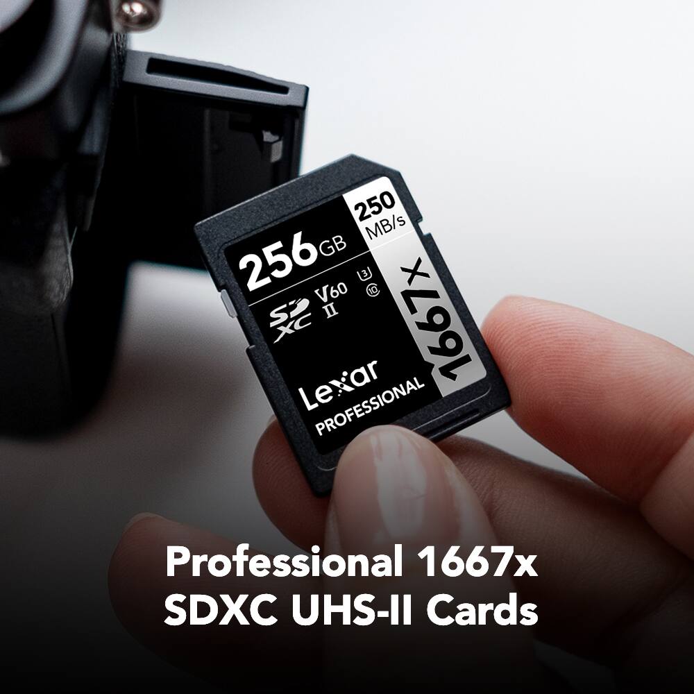 250 MB/s  
256 GB  
V60  
3 C  
10 X  
1667x  
Lexar Professional SDXC UHS-II Cards