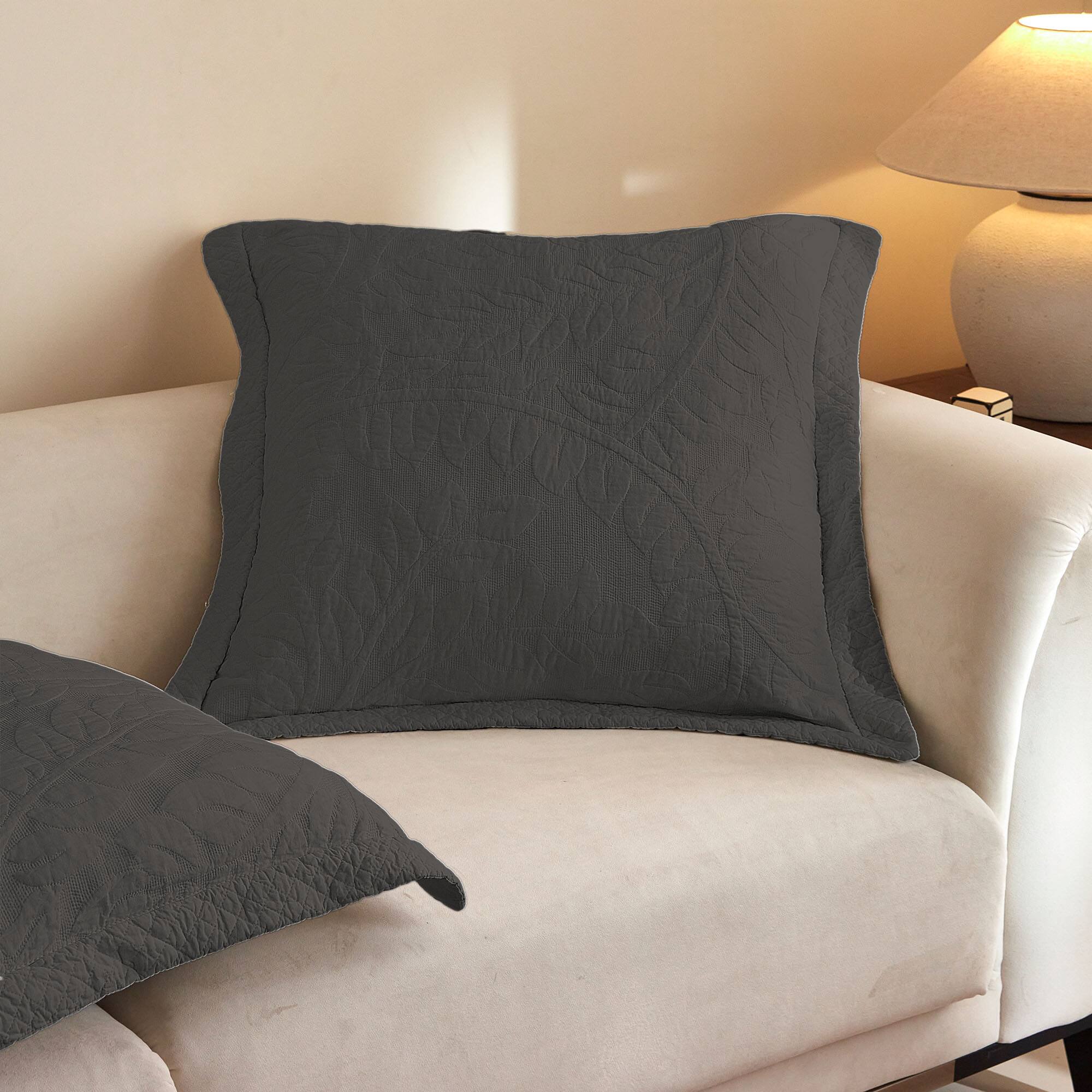 Back. MarCielo - 100% Cotton Embroidered Quilted Pillow Shams Set of 2, 26"x26" Euro Size - Dark Grey.