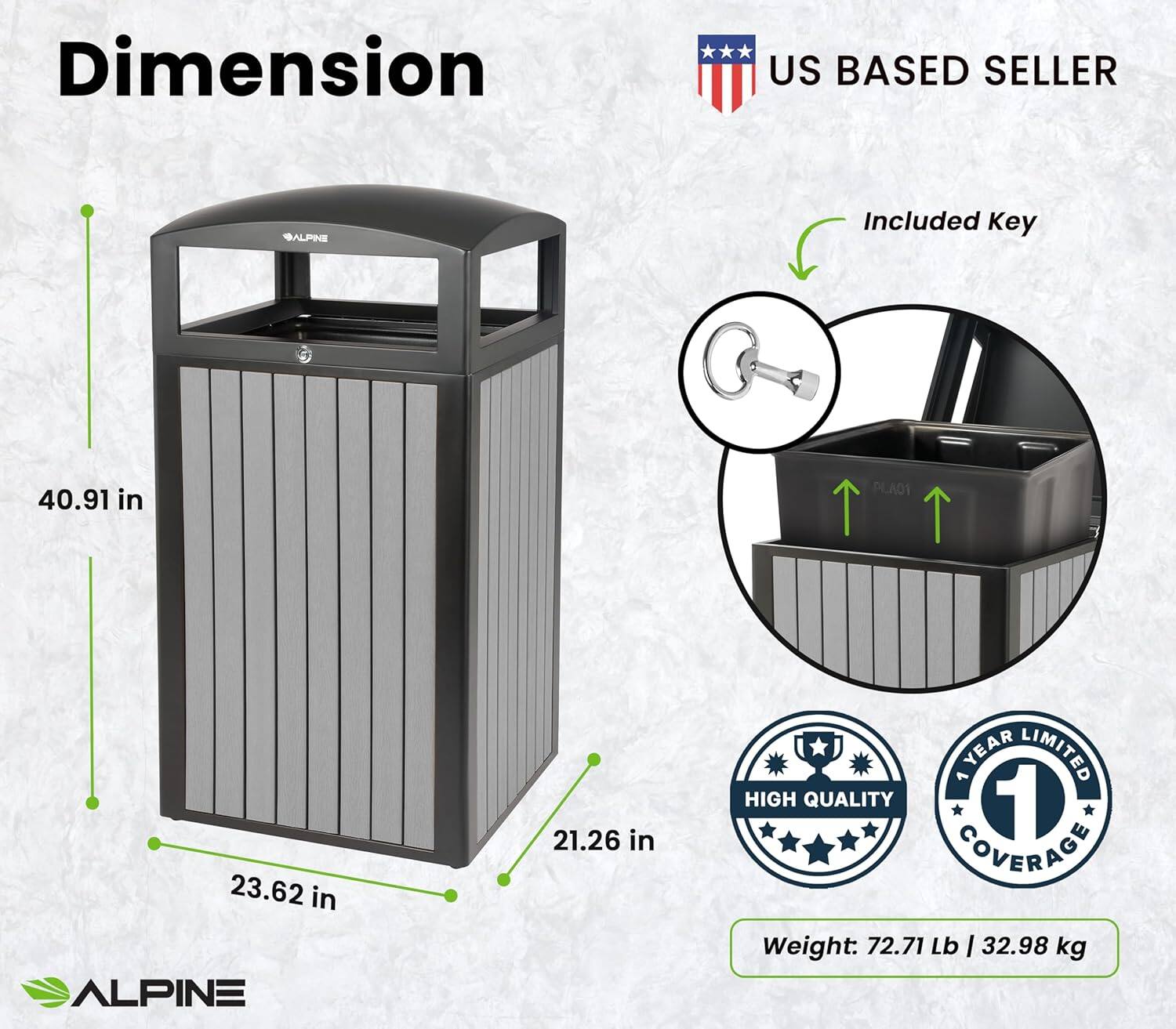 Dimension  
US BASED SELLER  
ALPINE  
Included Key  
40.91 in  
23.62 in  
21.26 in  
1 YEAR LIMITED HIGH QUALITY 1 COVERAGE  
Weight: 72.71 Lb | 32.98 kg