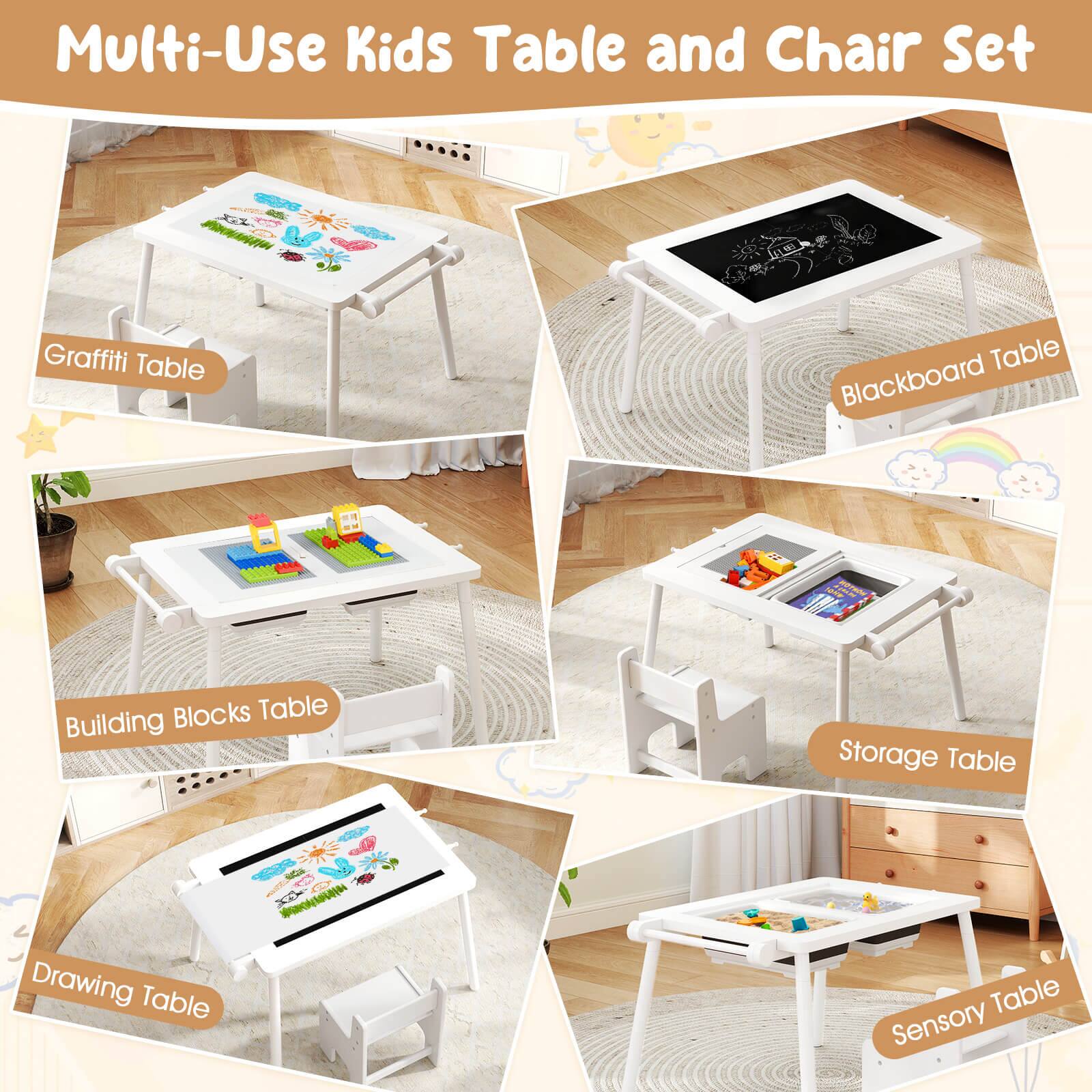 Multi-Use Kids Table and Chair Set:

* Graffiti Table
* Blackboard Table
* Blocks Table
* Building Storage Table
* Drawing Table
* Sensory Table