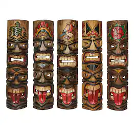 Zeckos - Set of 5 Double Tiki Mask Totem Wall Decor Hand Carved Tribal Sculpture 24 Inch - Multicolored
