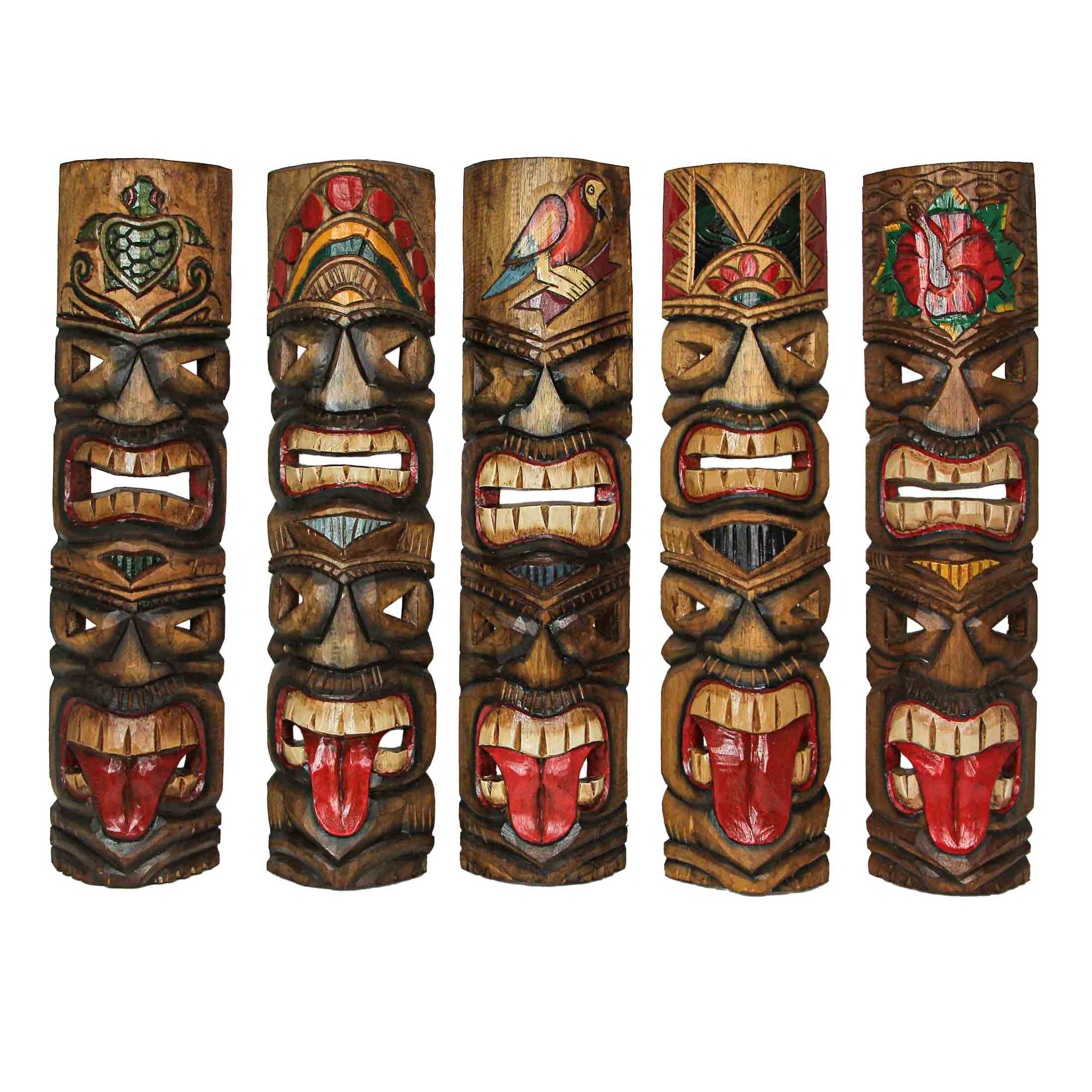 Front. Zeckos - Set of 5 Double Tiki Mask Totem Wall Decor Hand Carved Tribal Sculpture 24 Inch - Multicolored.