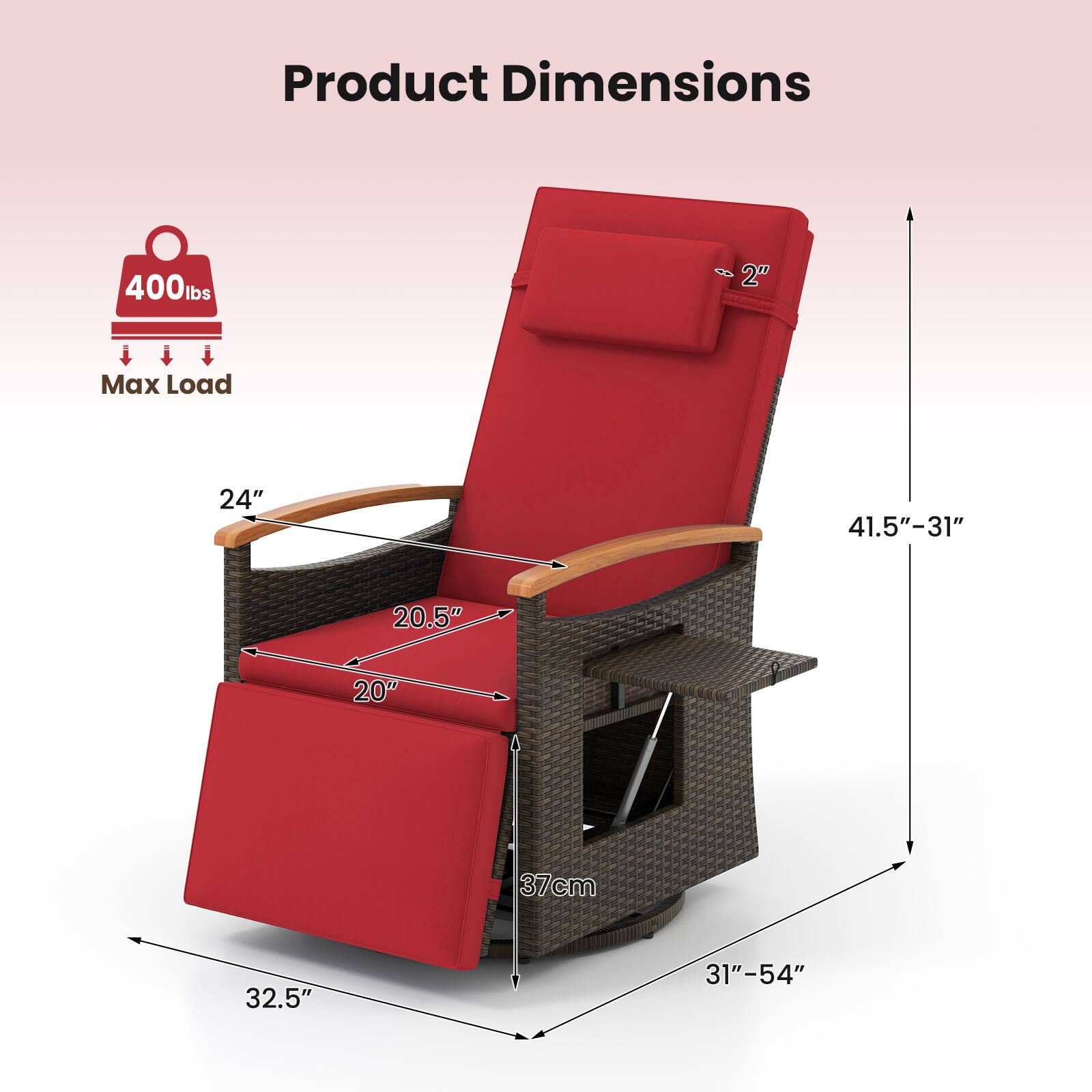 Product Dimensions  
400 lbs Max Load  
2"  
24"  
41.5"-31"  
20.5"  
20"  
37cm  
32.5"  
31"-54"